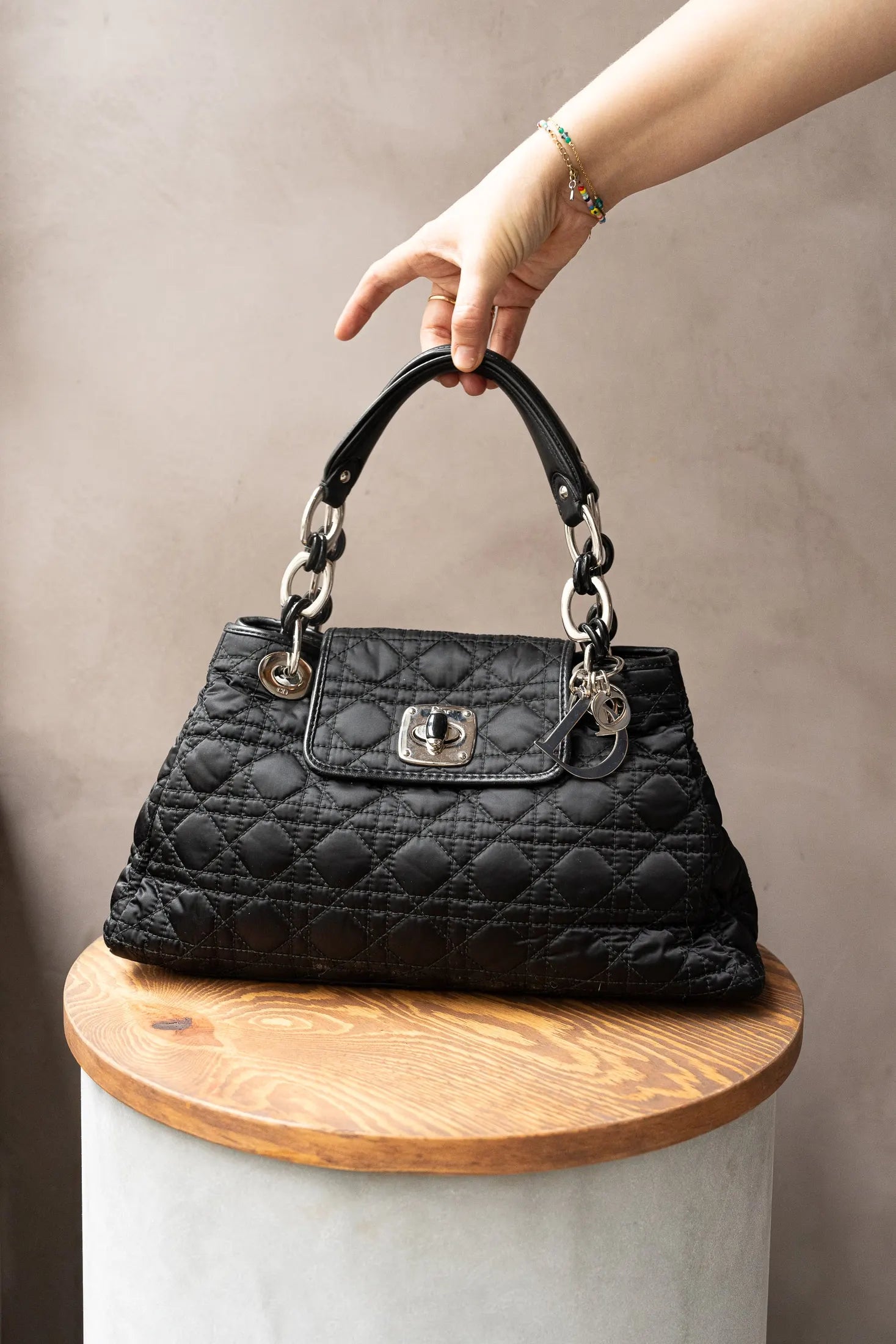 Christian Dior Lady Dior Bag in Black Quilted Nylon with Silver Hardwa