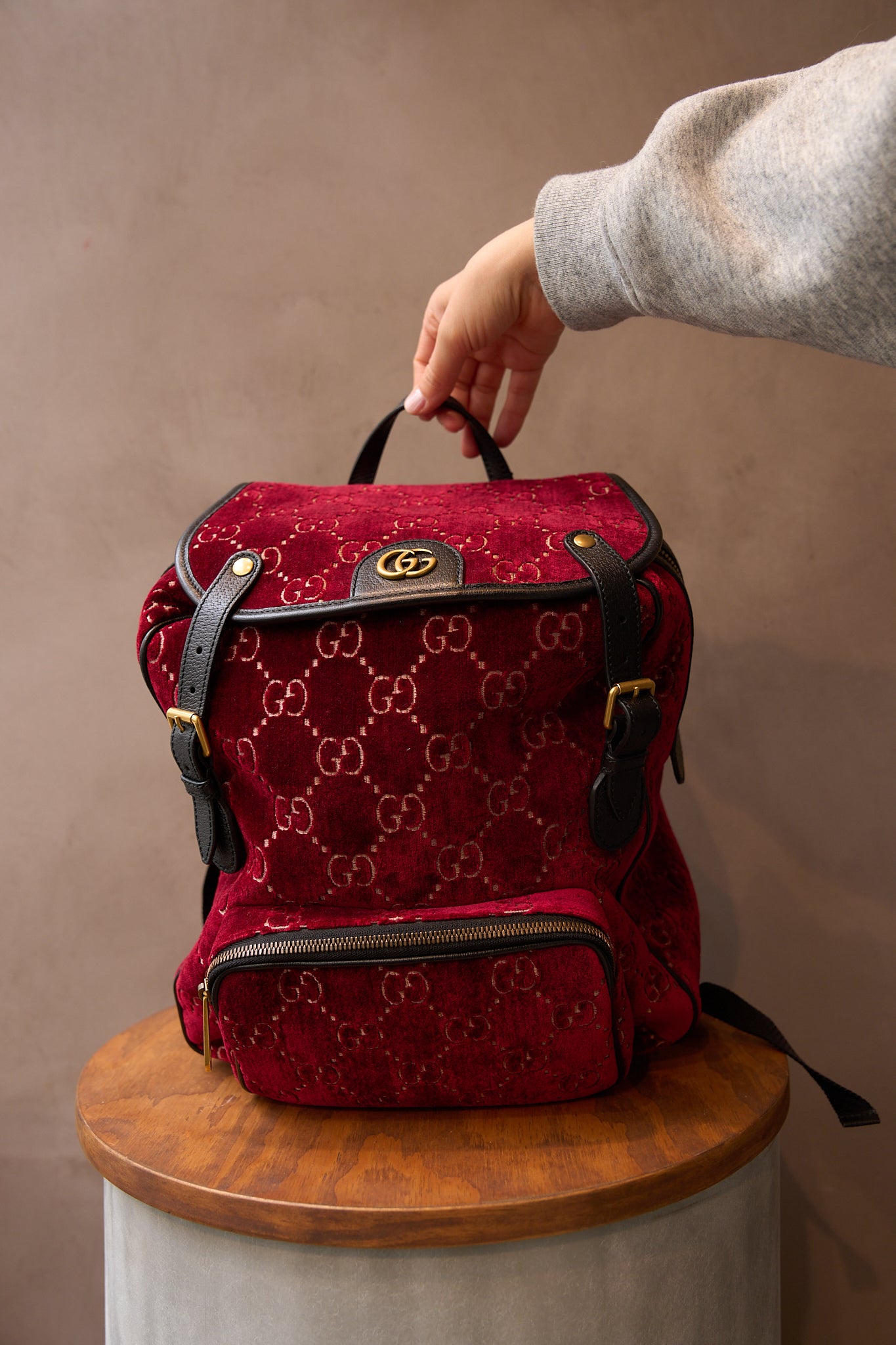 Gucci Red Velvet Monogram Backpack