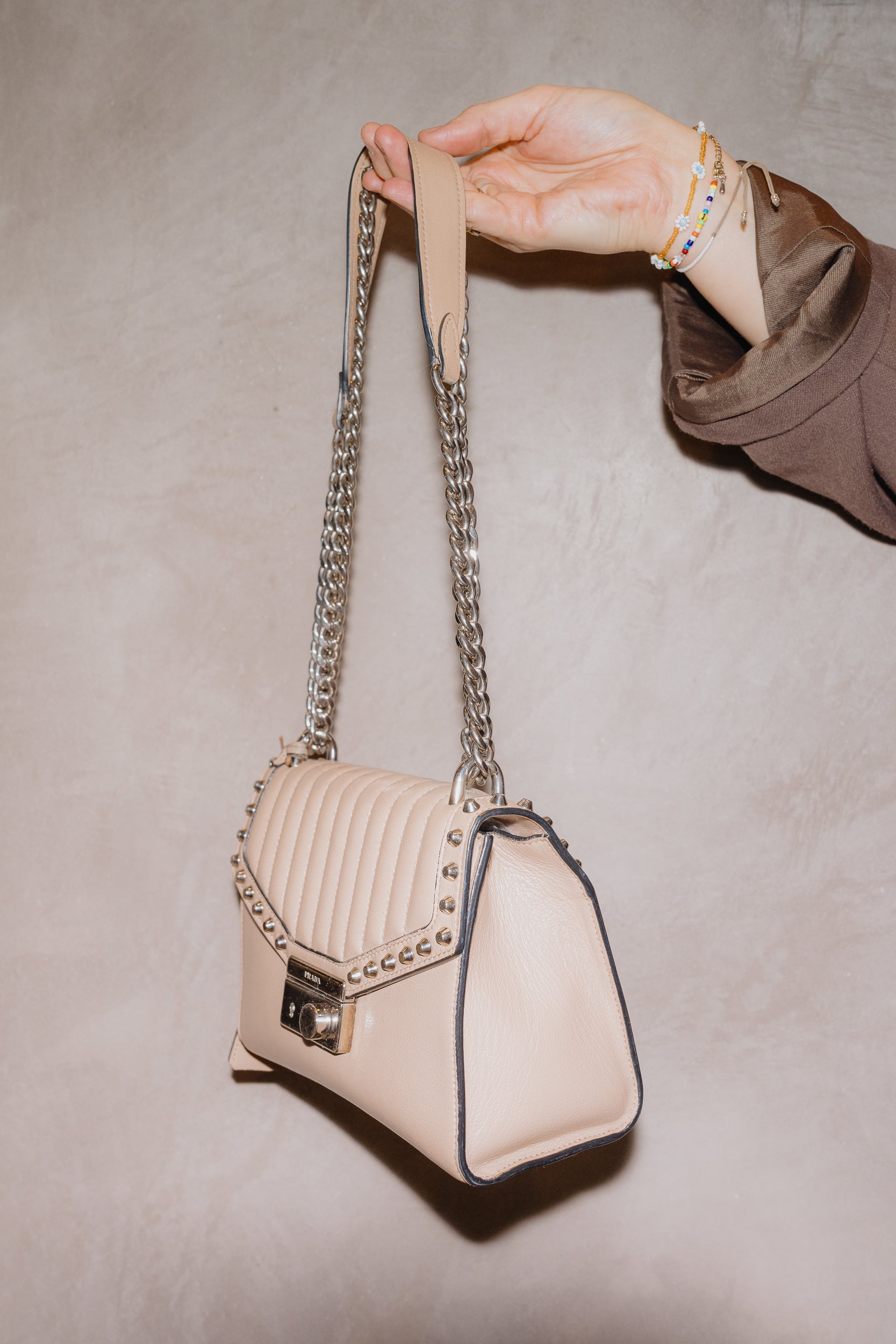 Prada Studded Beige Chain Bag