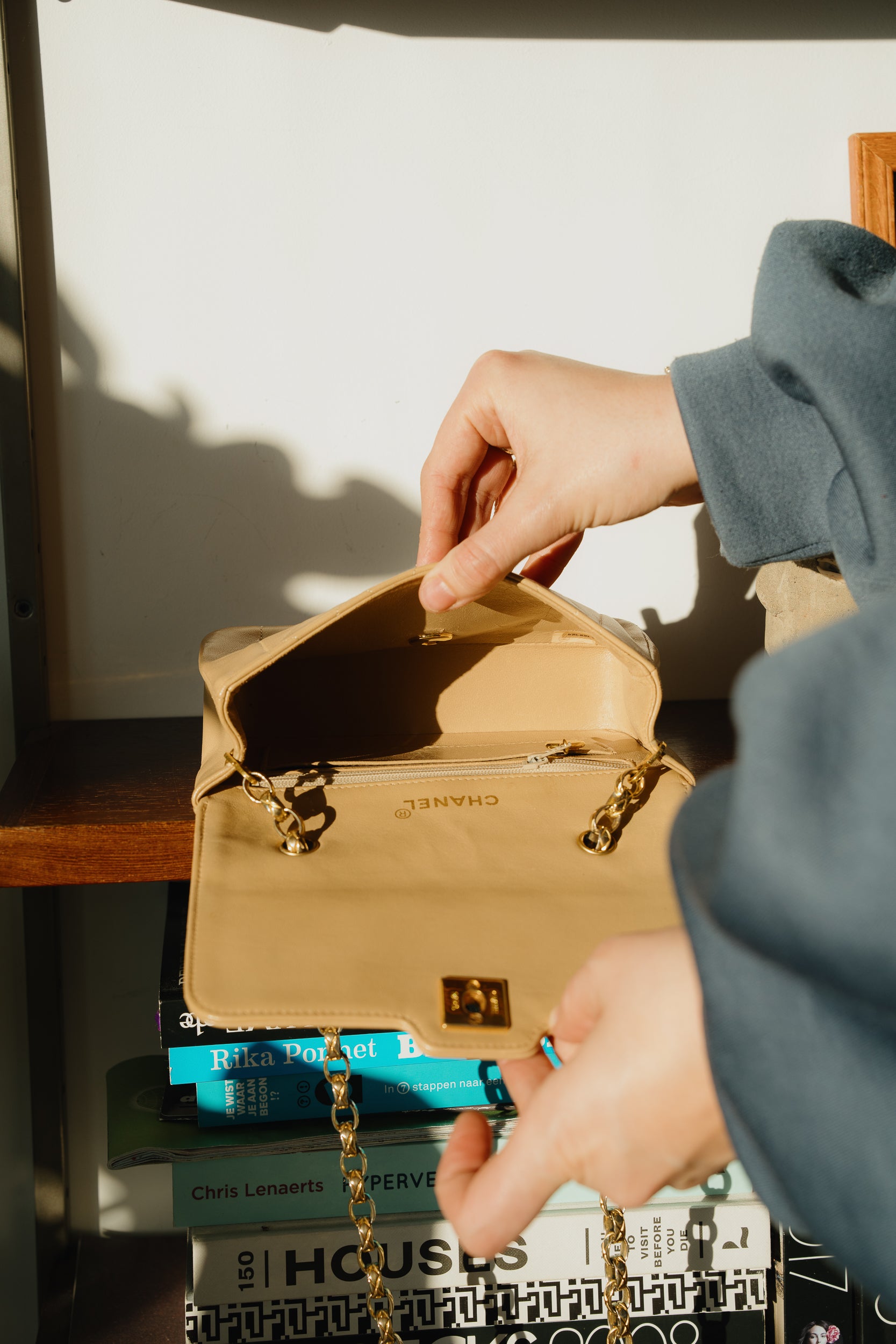 Chanel Vintage Mini Beige Lambskin with Bijoux Chain 1989