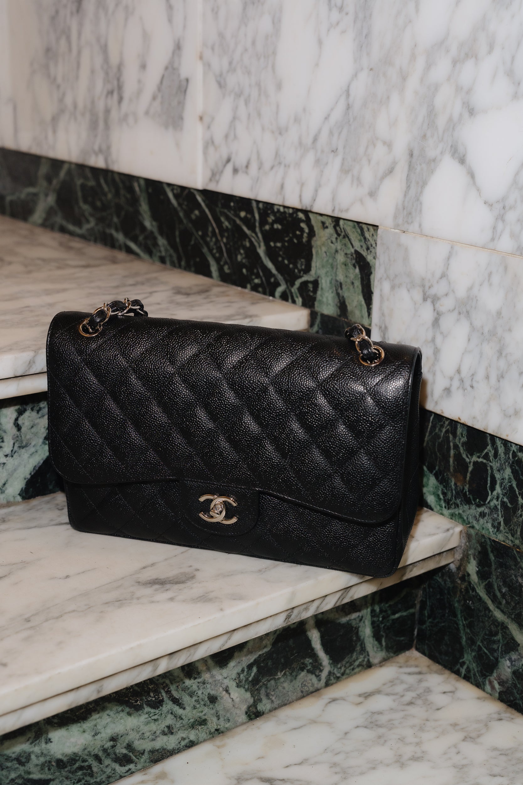 Chanel Jumbo Classic Flap Bag – Caviar Leather, Silver Hardware 2013 – Full Set