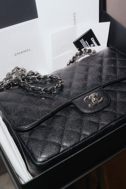 Chanel Jumbo Classic Flap Bag – Caviar Leather, Silver Hardware 2013 – Full Set