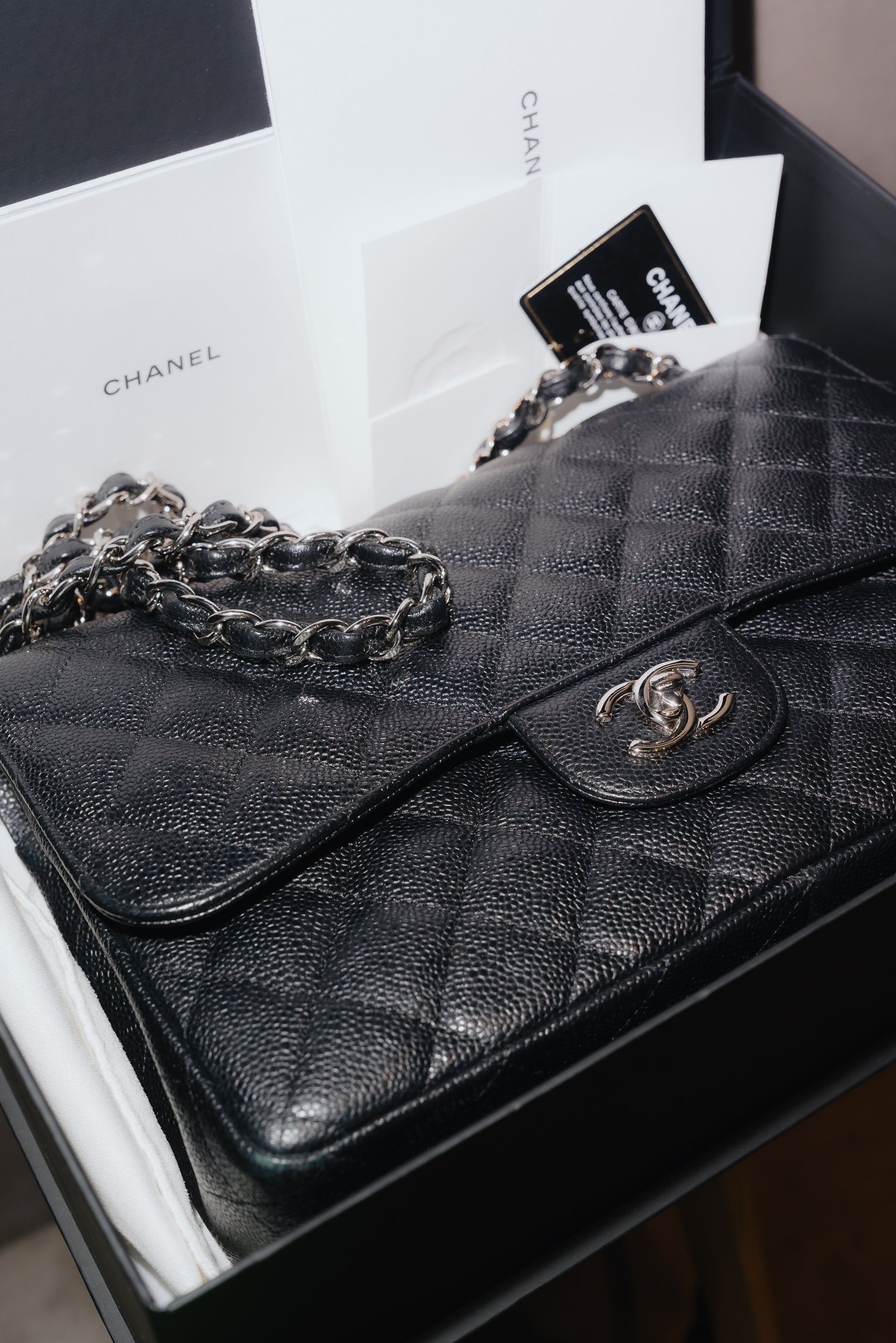 Chanel Jumbo Classic Flap Bag – Caviar Leather, Silver Hardware 2013 – Full Set
