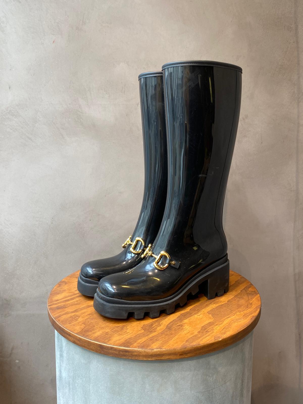Gucci Black Rubber Horsebit Rain Boots