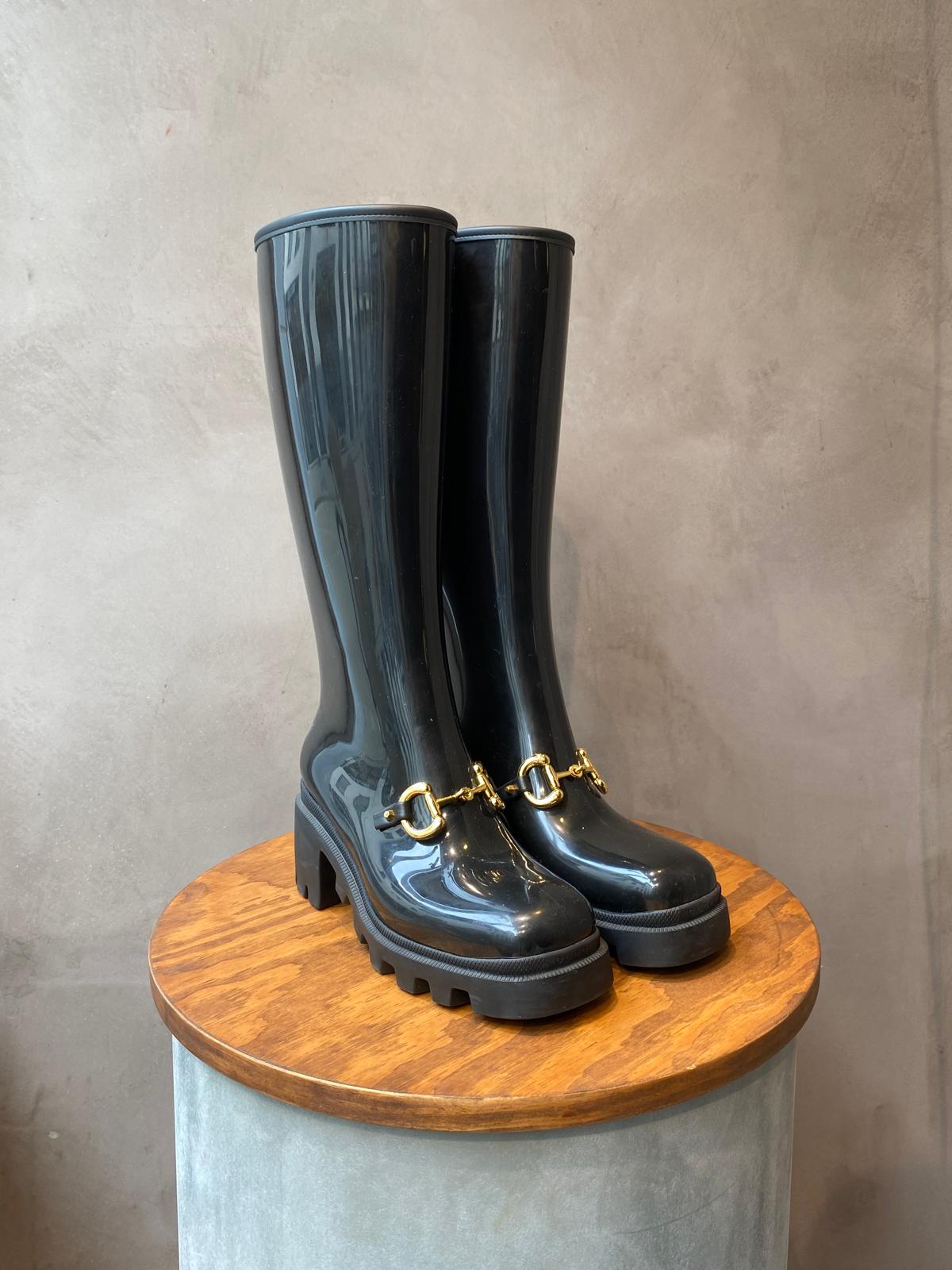 Gucci Black Rubber Horsebit Rain Boots