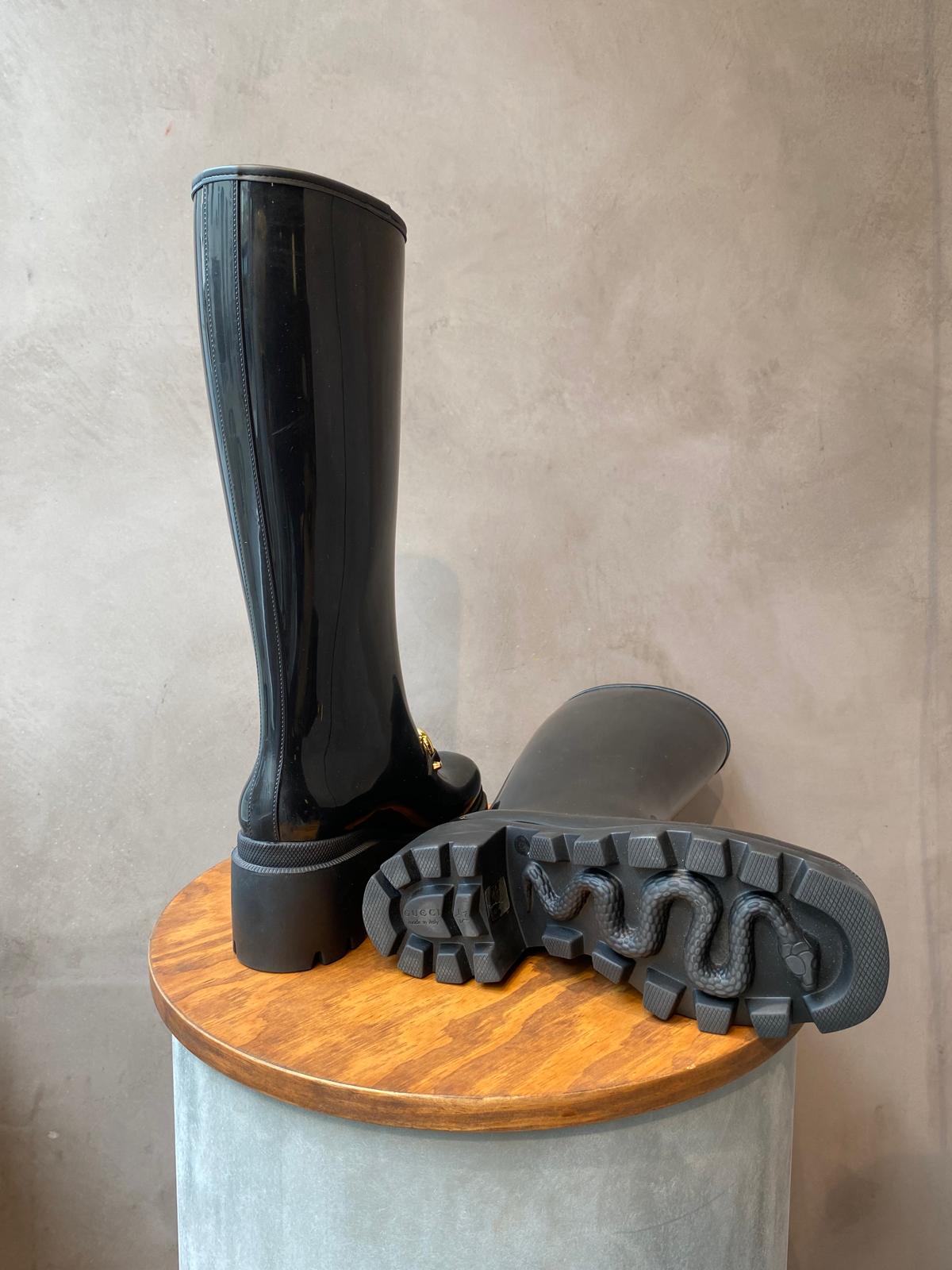 Gucci Black Rubber Horsebit Rain Boots