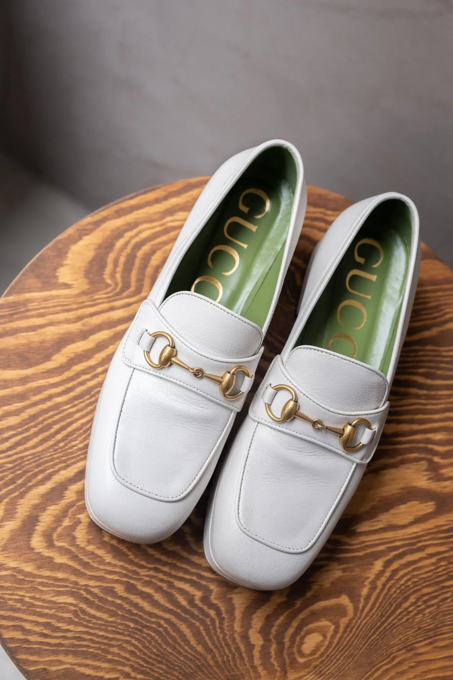 Gucci Block-Heel Horsebit Loafers in White Leather