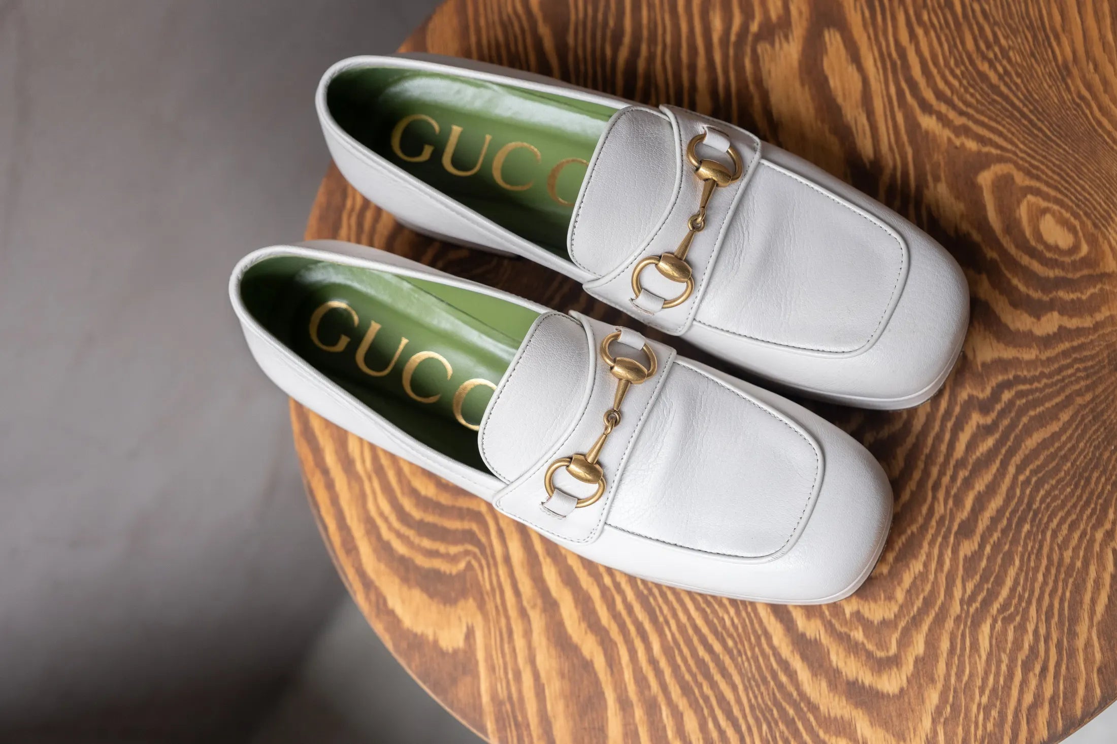 Gucci Block-Heel Horsebit Loafers in White Leather Gucci Block-Heel Horsebit Loafers in White Leather