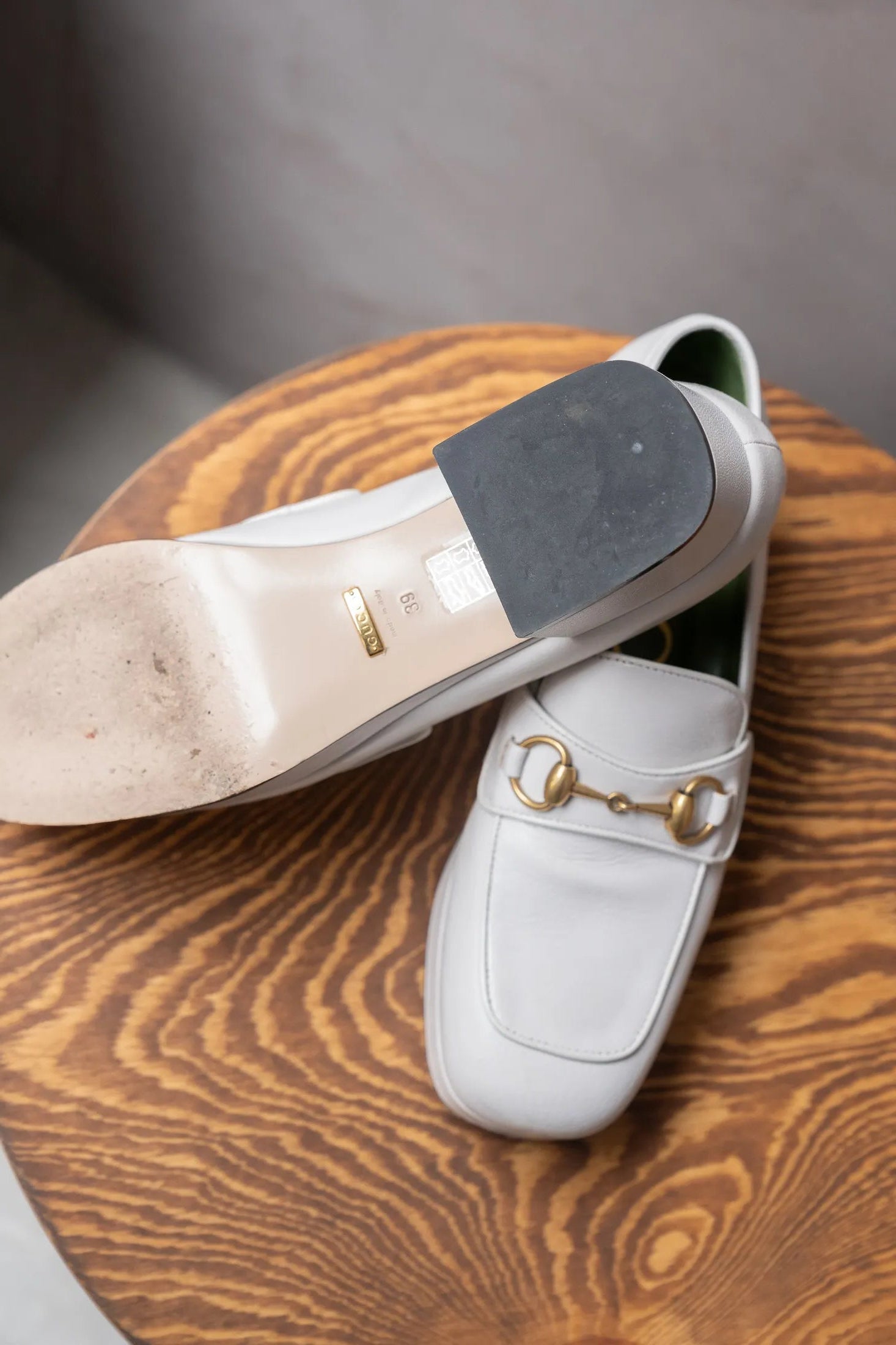 Gucci Block-Heel Horsebit Loafers in White Leather