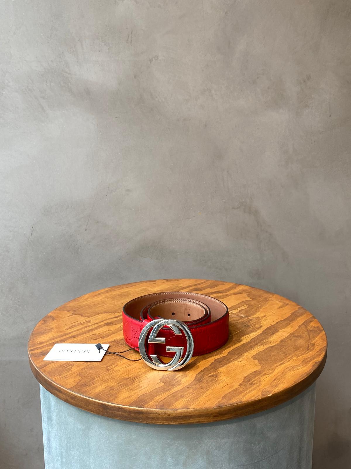 Gucci Red Embossed Belt with Silver Buckle