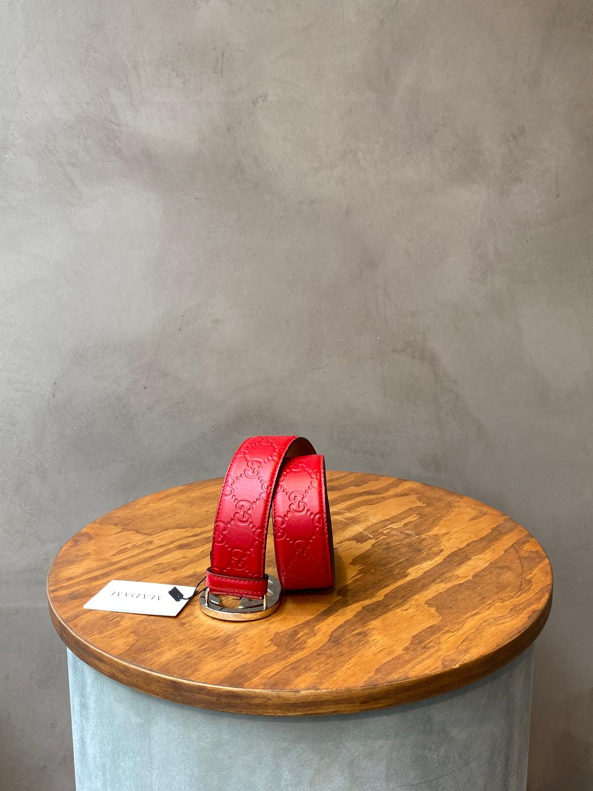 Gucci Red Embossed Belt with Silver Buckle
