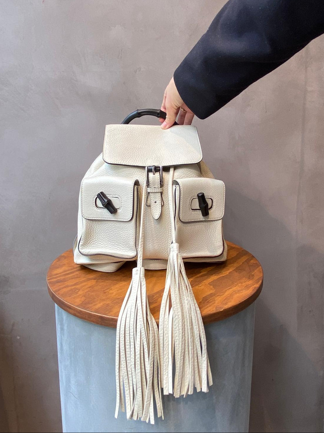 Gucci White Leather Bamboo Tassel Backpack
