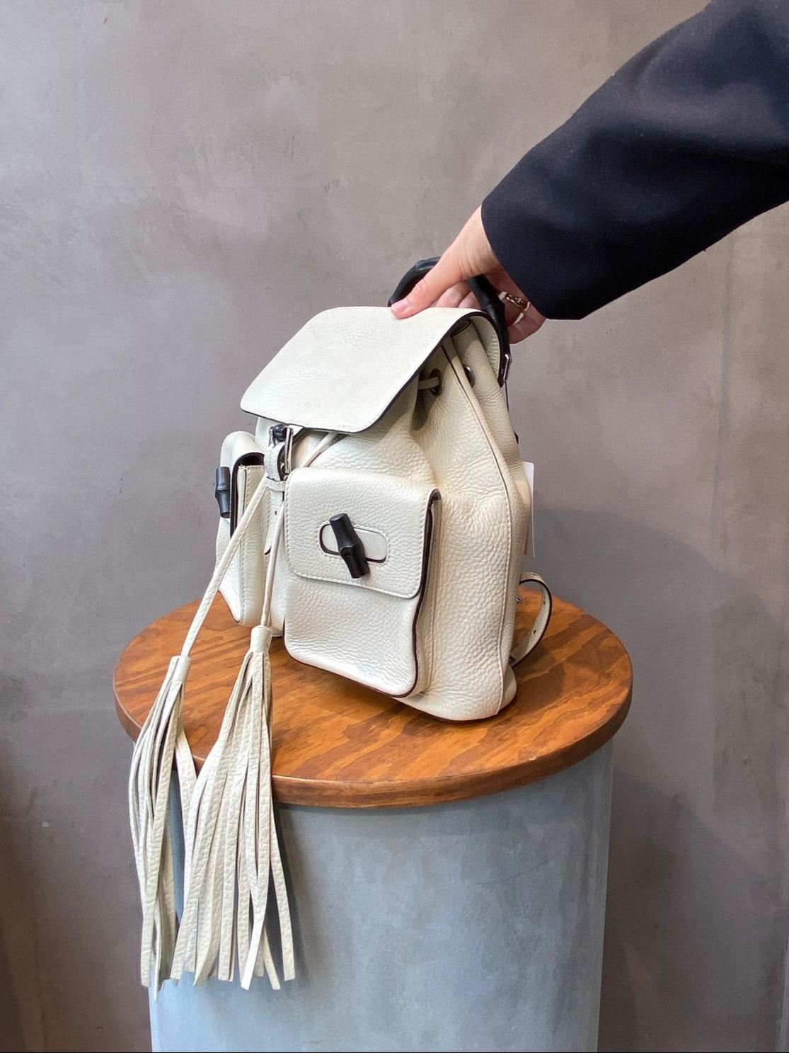 Gucci White Leather Bamboo Tassel Backpack