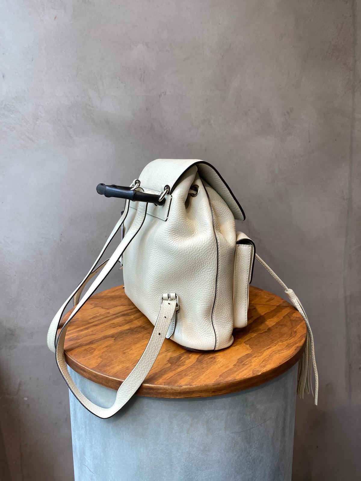 Gucci White Leather Bamboo Tassel Backpack