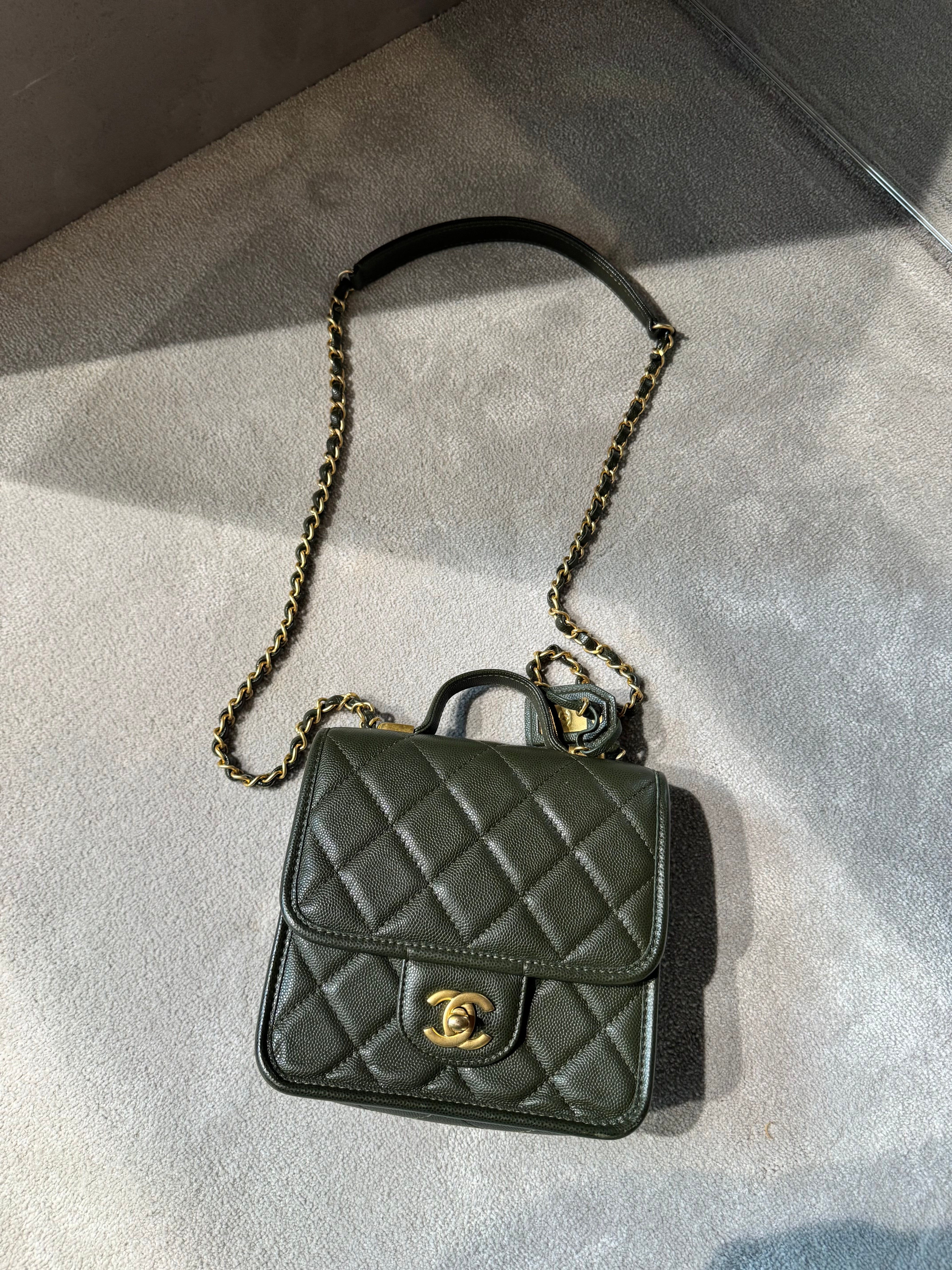 Chanel 22K Green Caviar School Memory Mini Flap Bag
