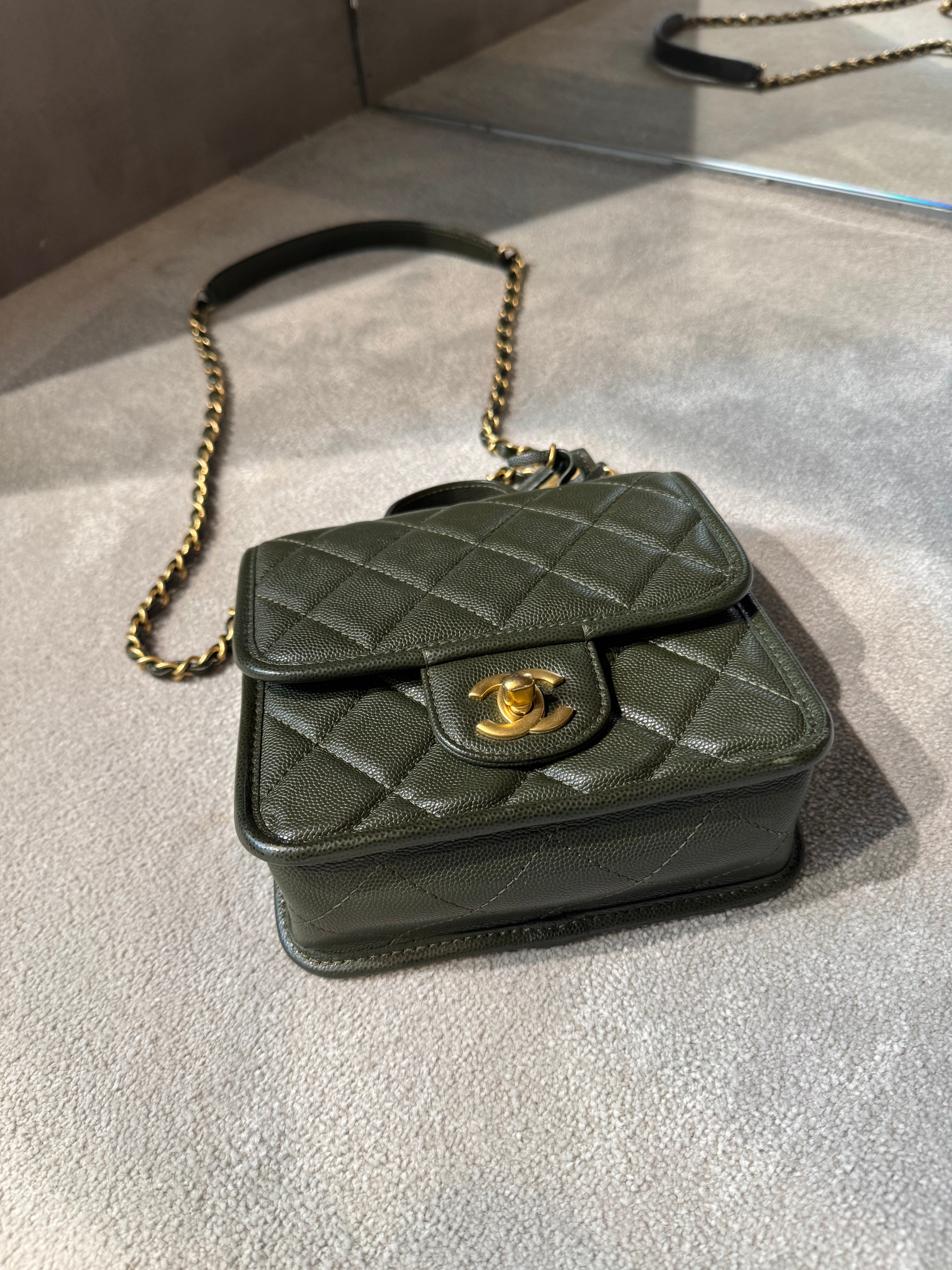 Chanel 22K Green Caviar School Memory Mini Flap Bag