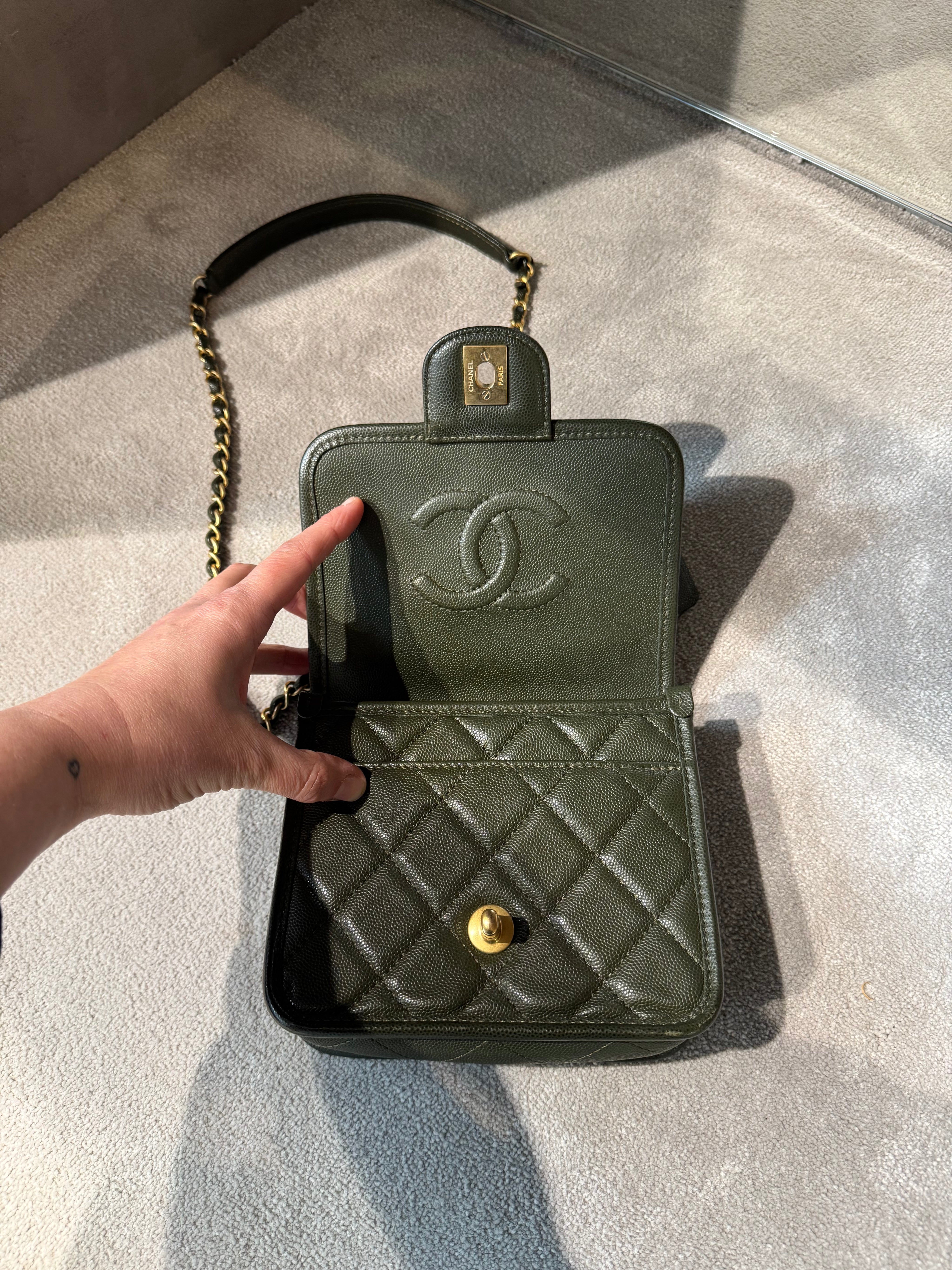 Chanel 22K Green Caviar School Memory Mini Flap Bag