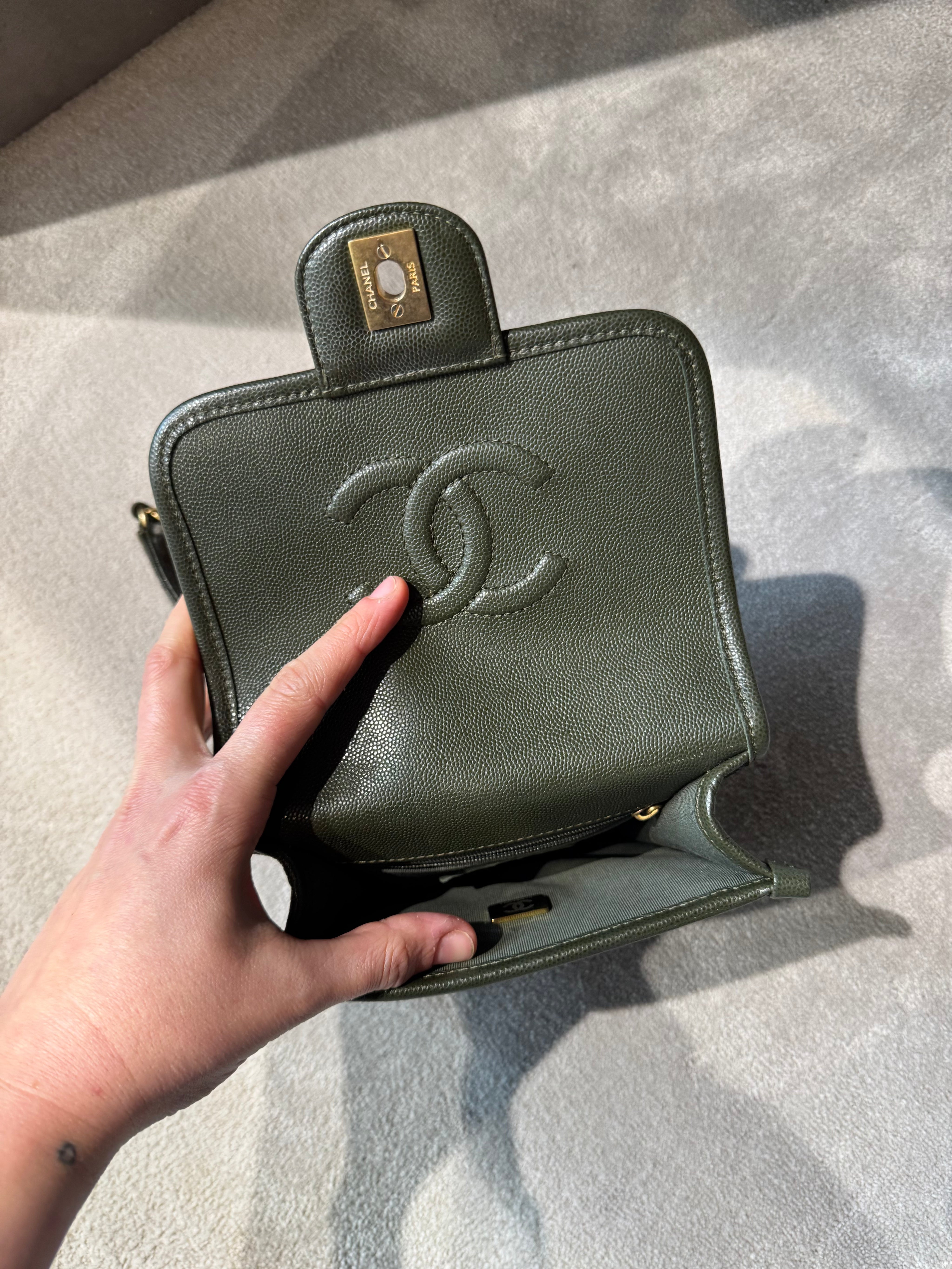 Chanel 22K Green Caviar School Memory Mini Flap Bag