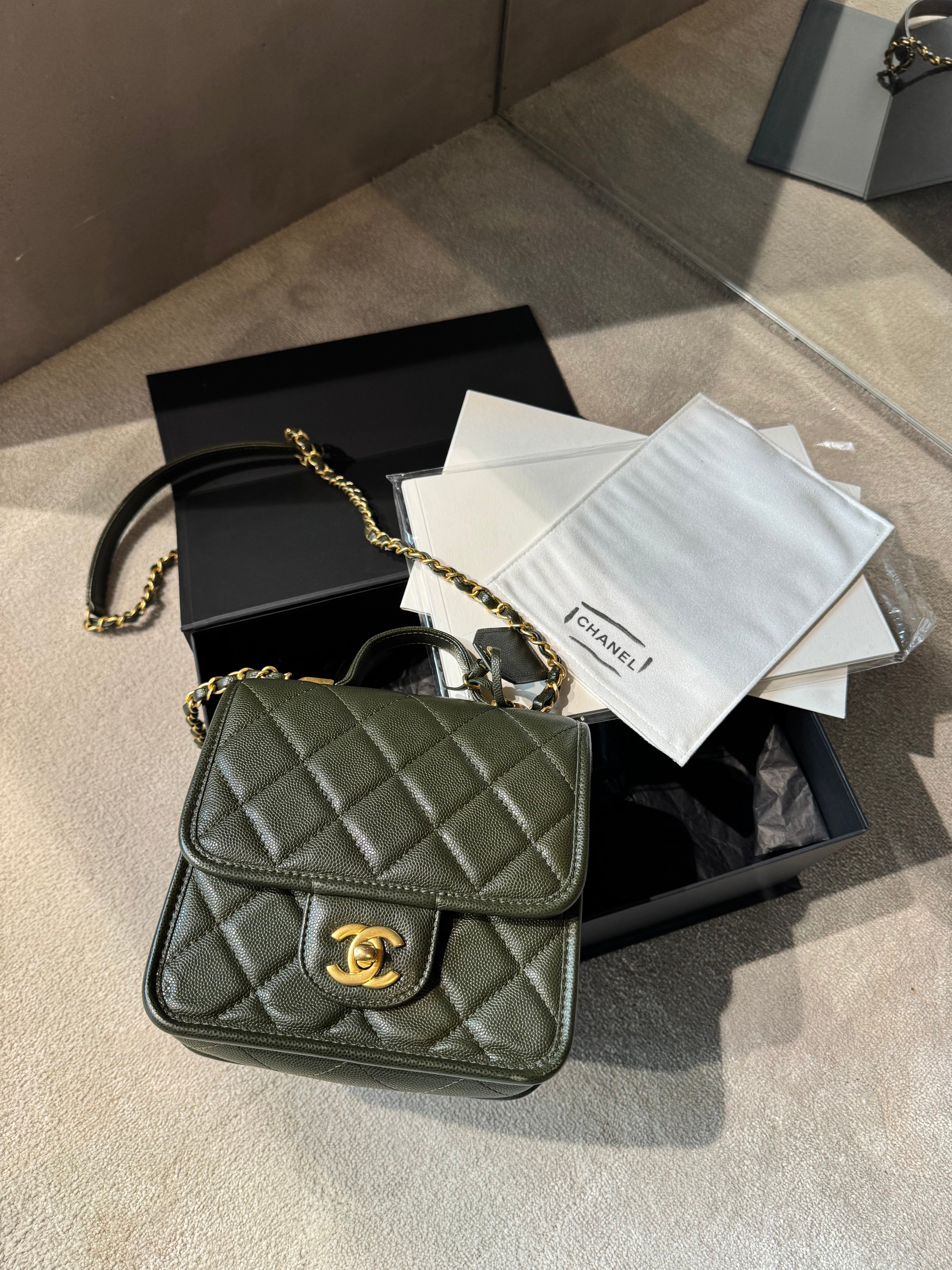 Chanel 22K Green Caviar School Memory Mini Flap Bag