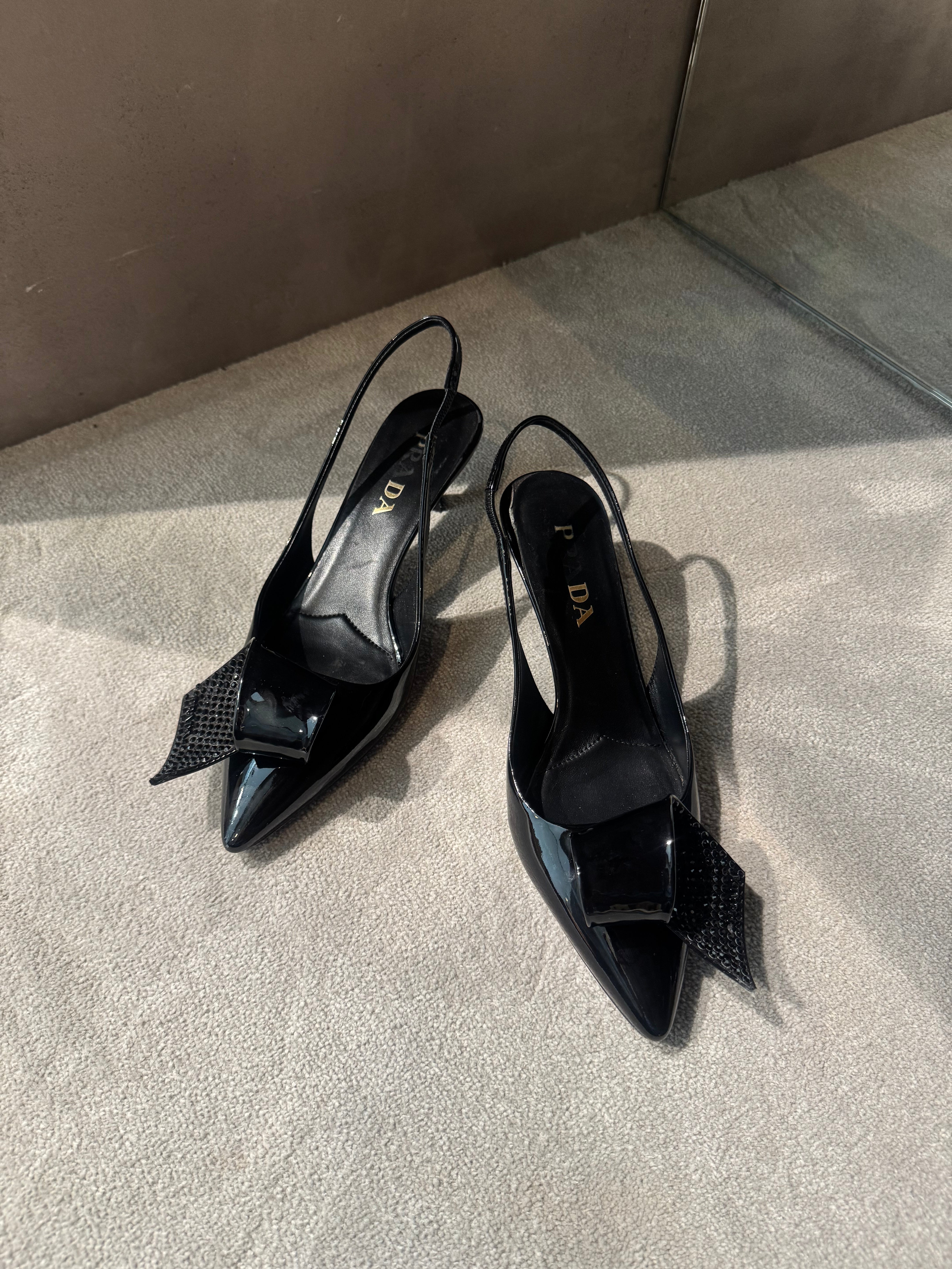 Prada Patent Leather Slingback Kitten Heels Black