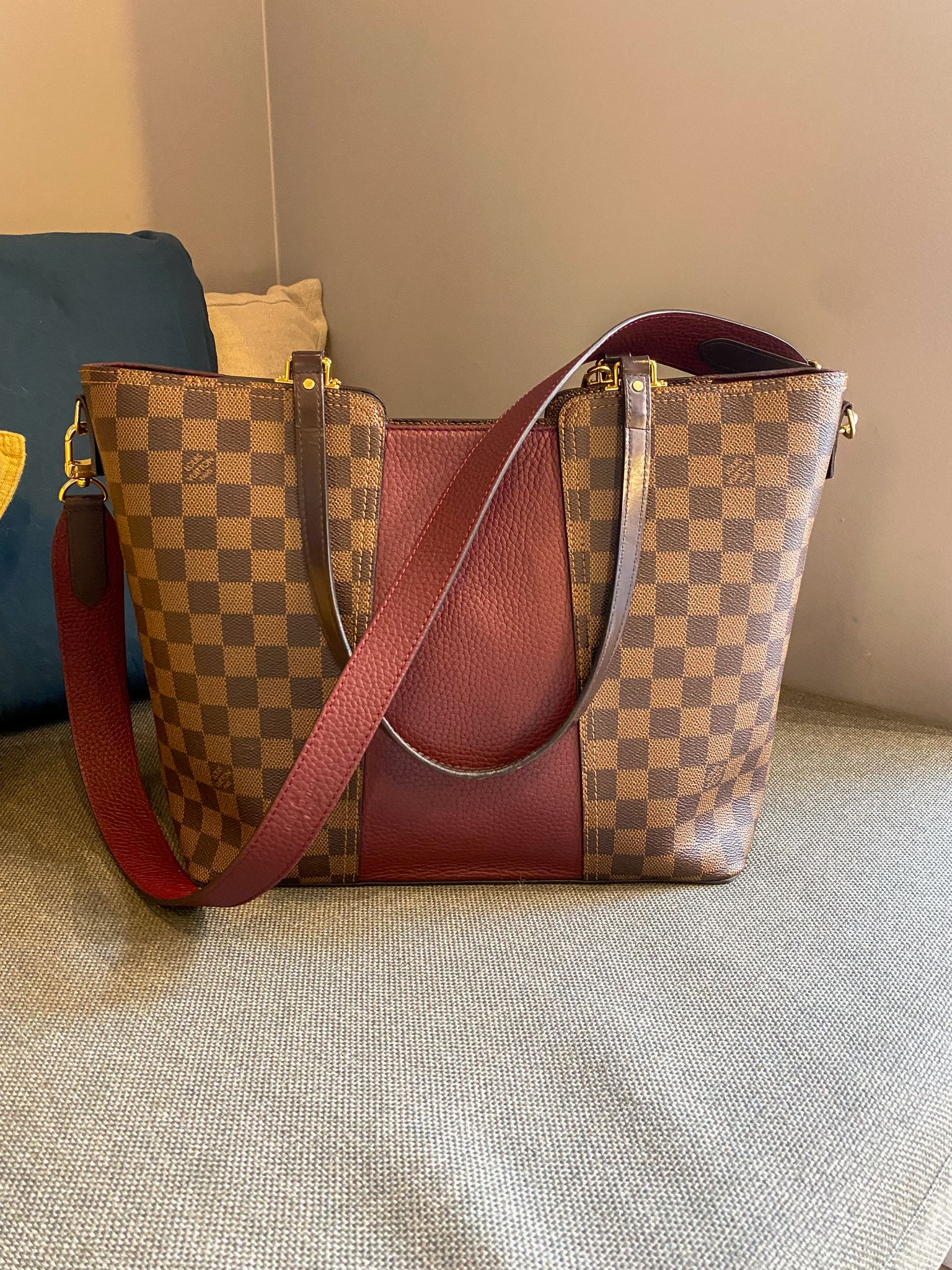 Louis Vuitton Damier Ebene/Burgundy Jersey Tote Bag