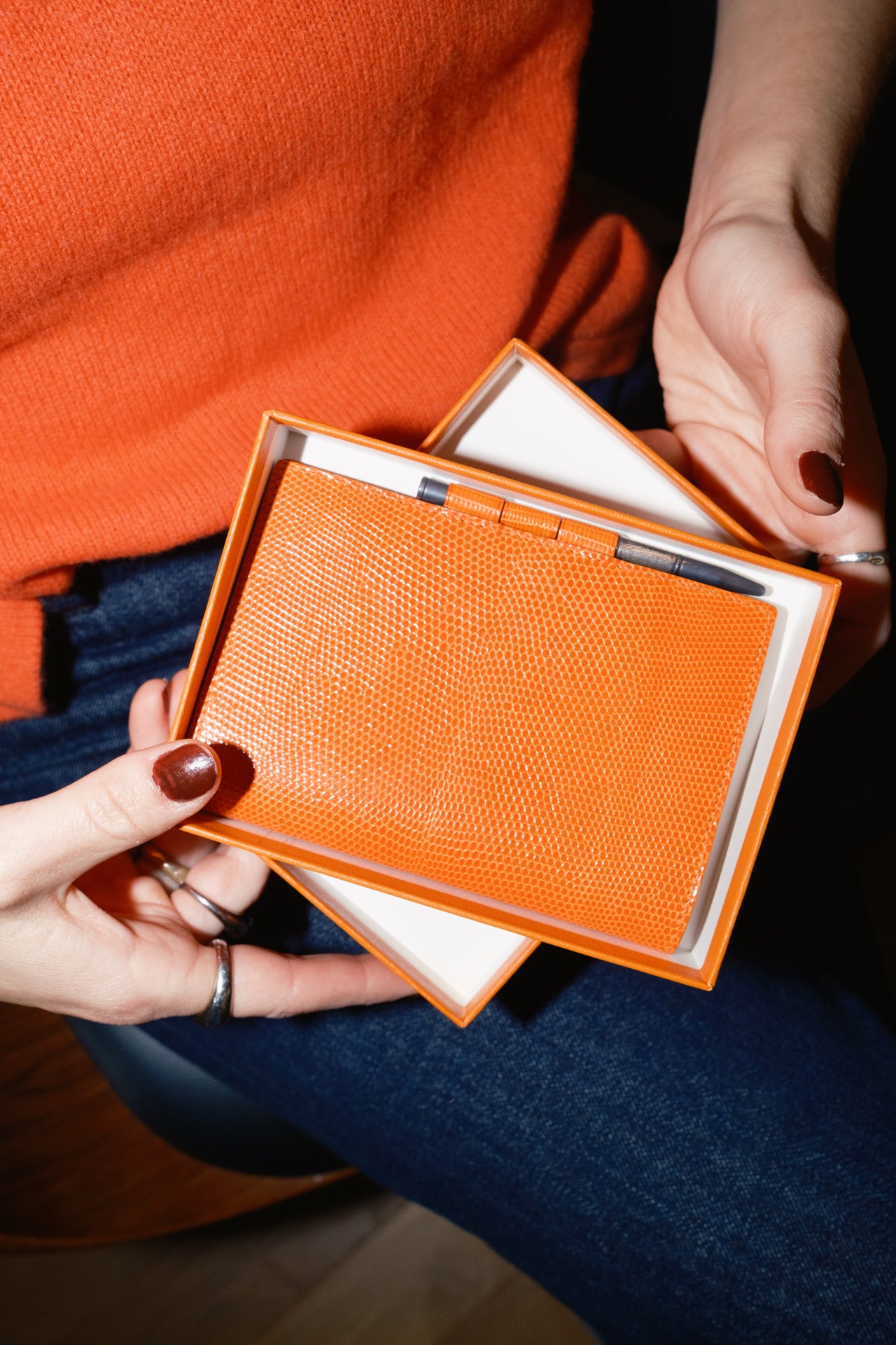 Hermès Index in Orange Lizard Leather