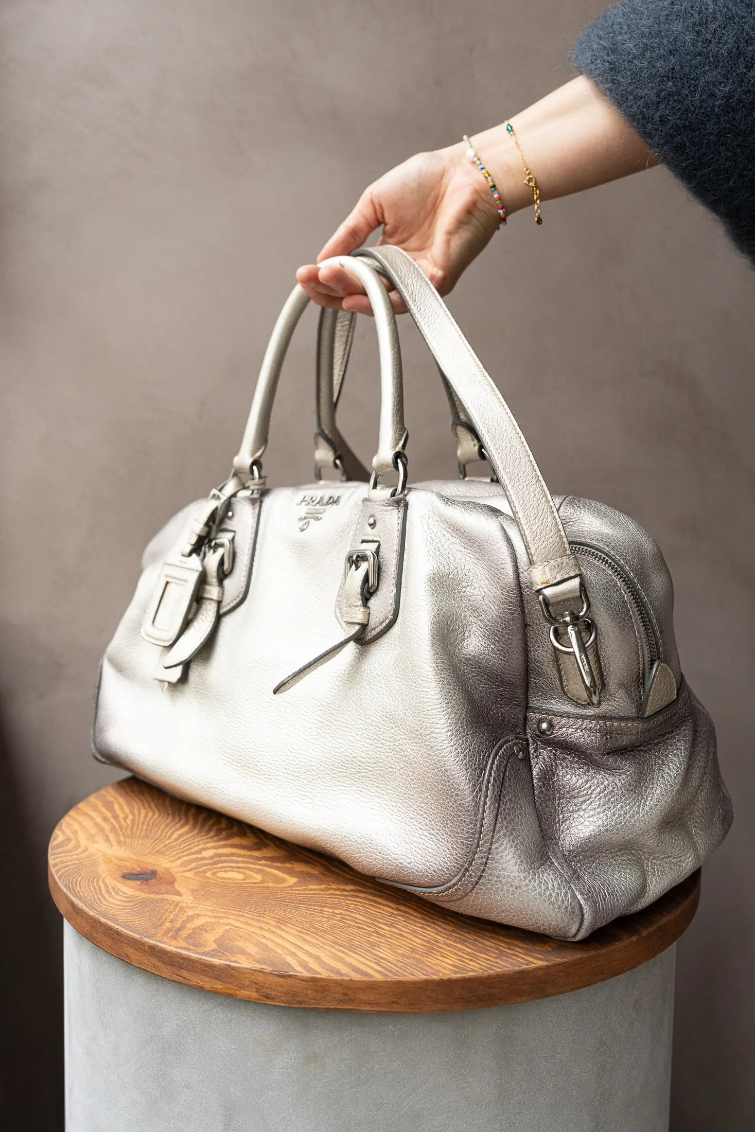 Prada Bauletto Bag – Metallic Silver Leather