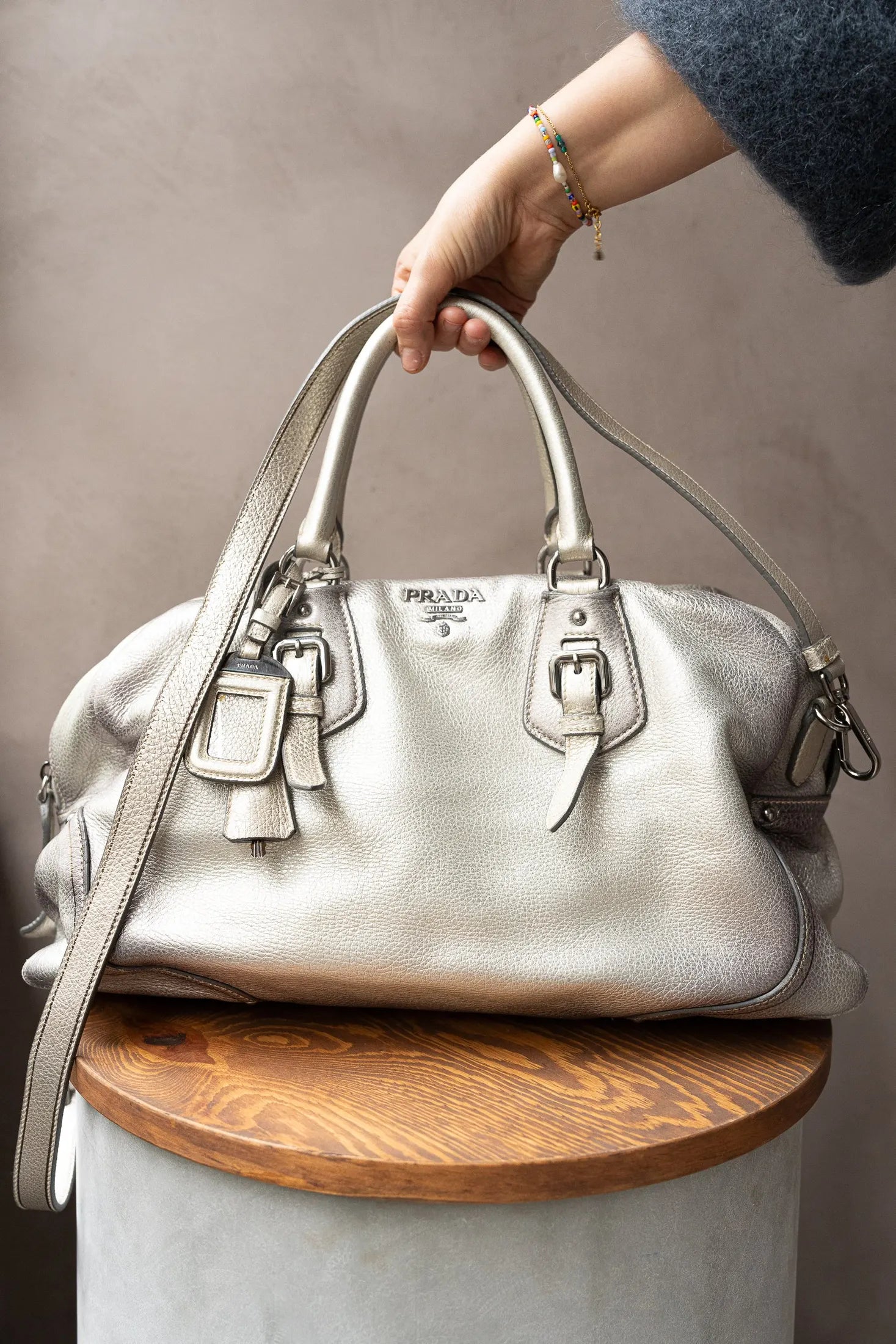 Prada Bauletto Bag – Metallic Silver Leather