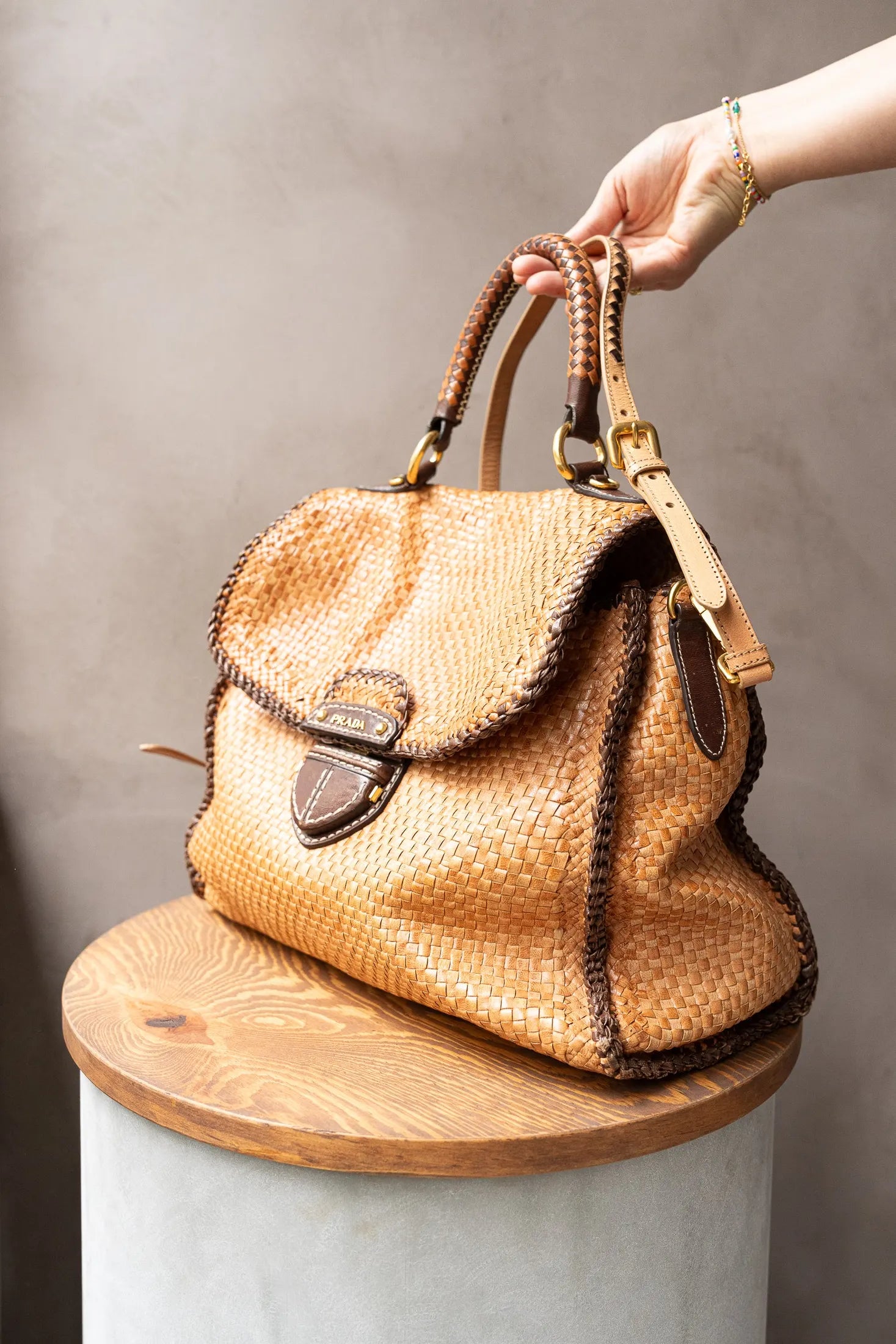 Prada Camel Leather and Madras Bag Prada Camel Leather and Madras Bag