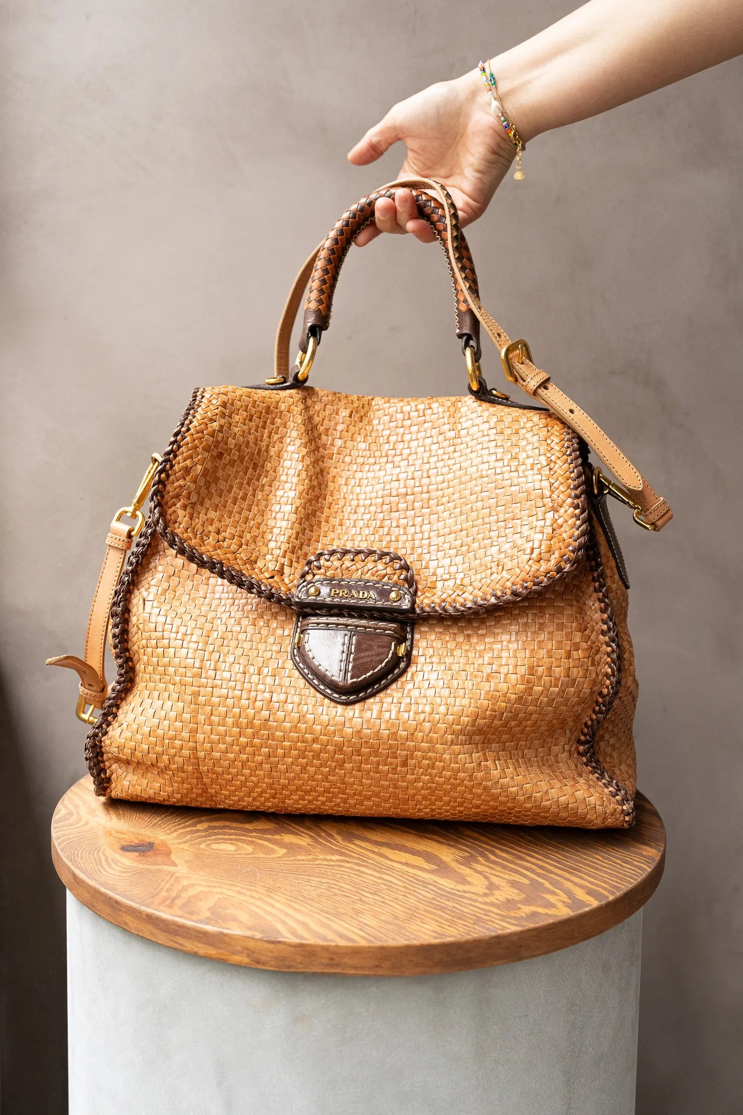 Prada Camel Leather and Madras Bag