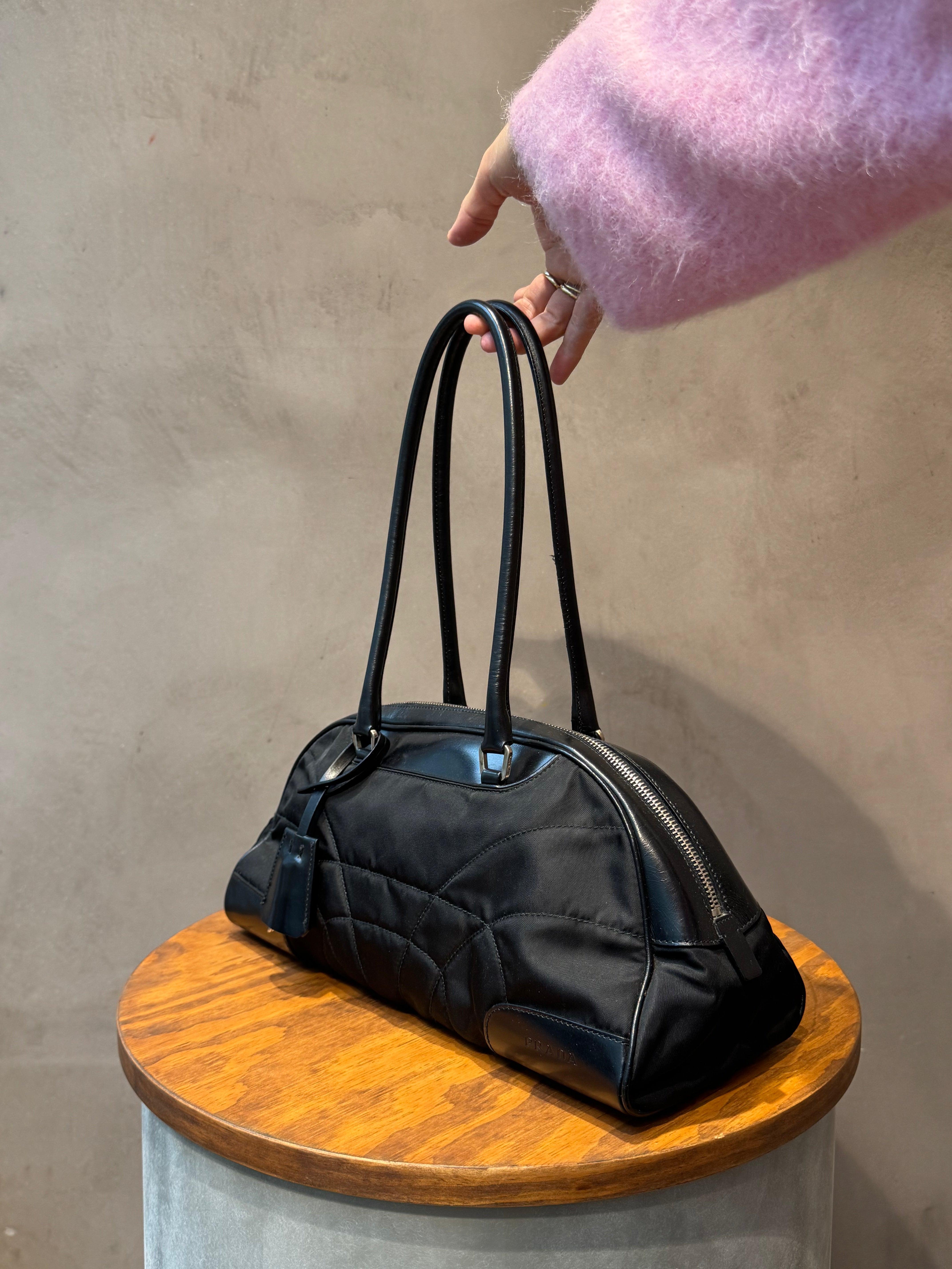 Prada Vintage Black Nylon Bowling Bag