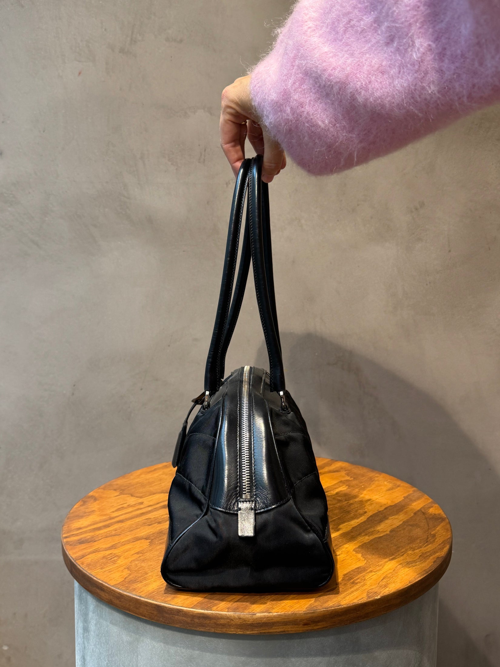 Prada Vintage Black Nylon Bowling Bag