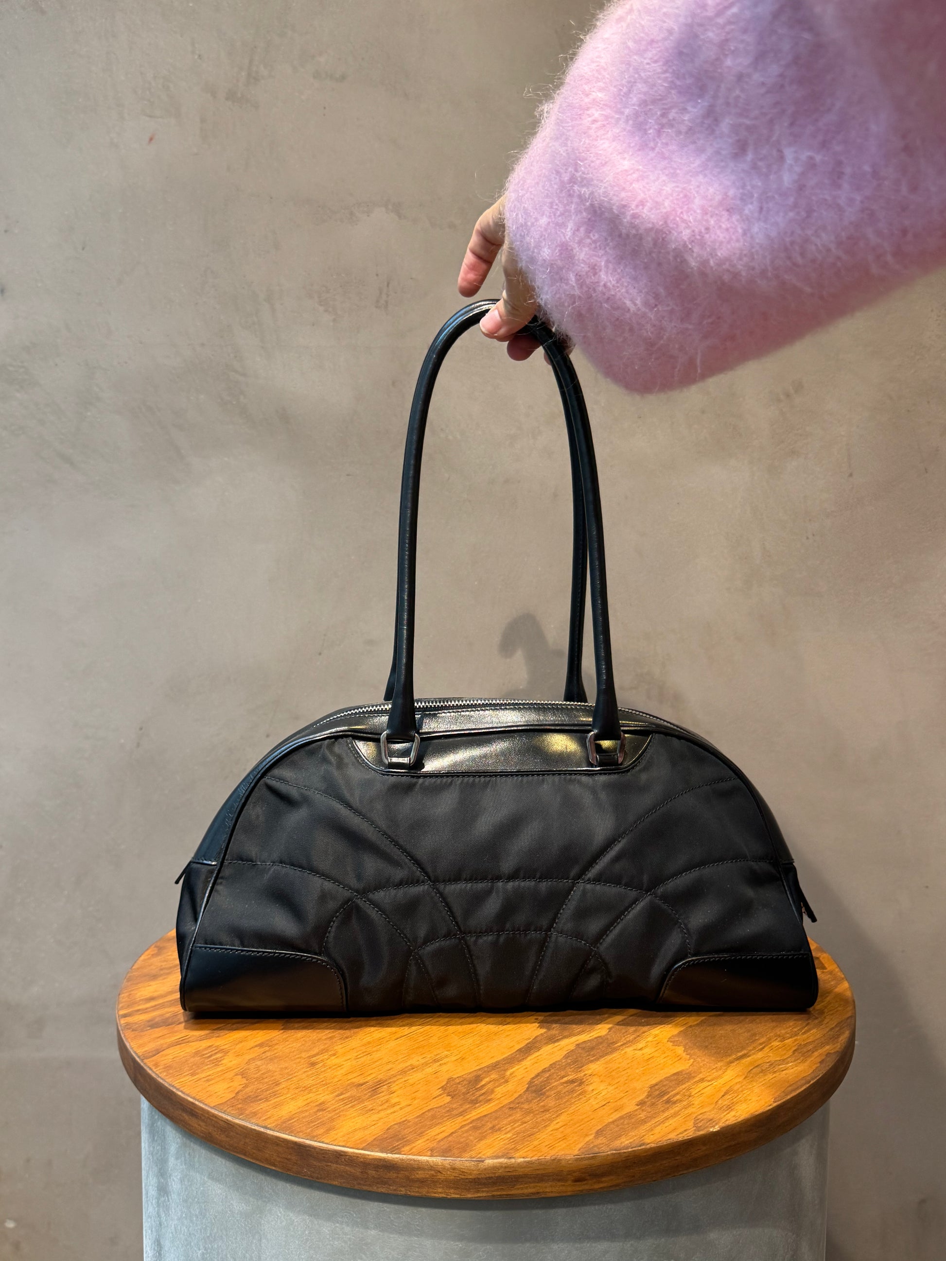 Prada Vintage Black Nylon Bowling Bag