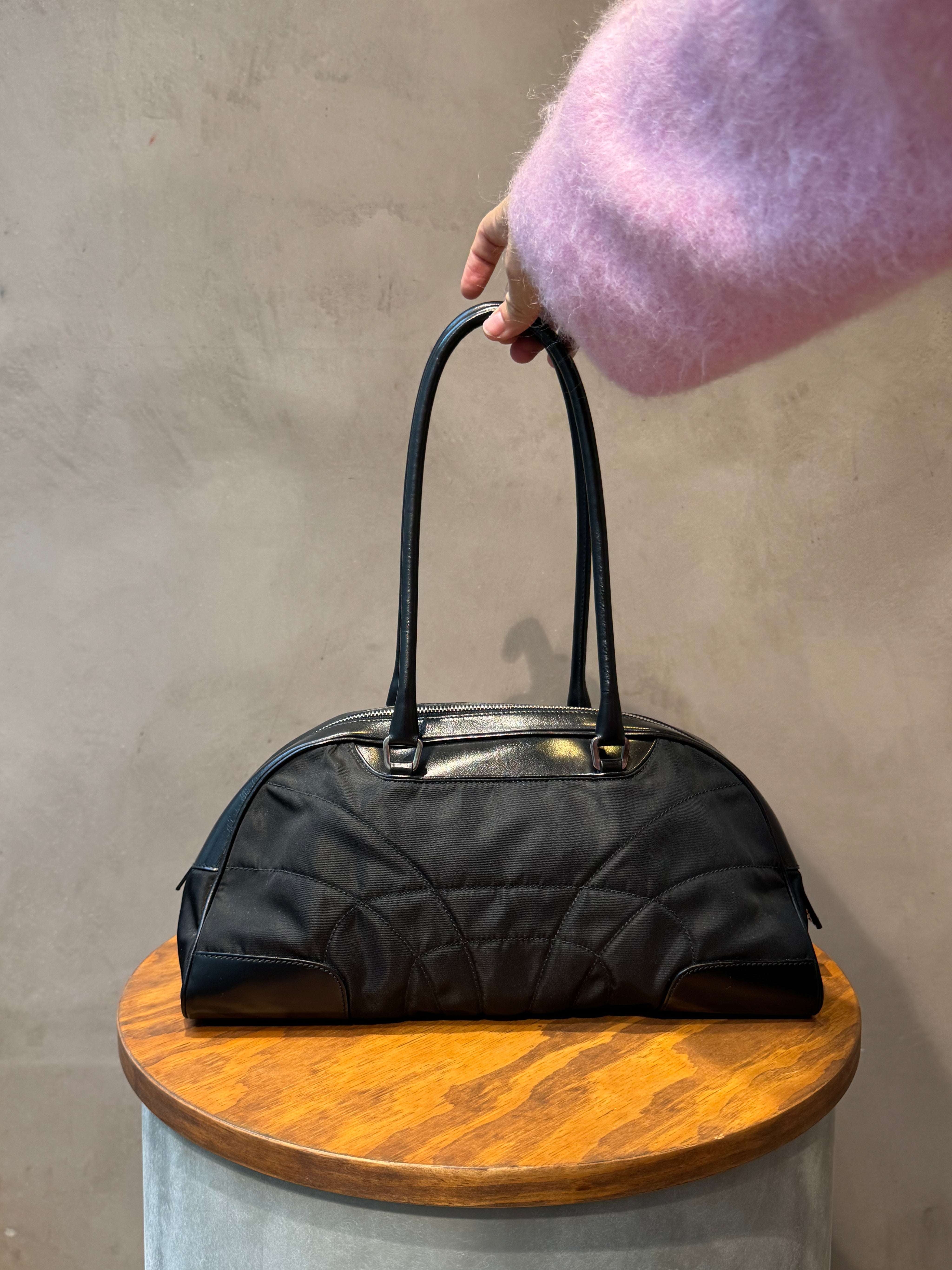 Prada Vintage Black Nylon Bowling Bag
