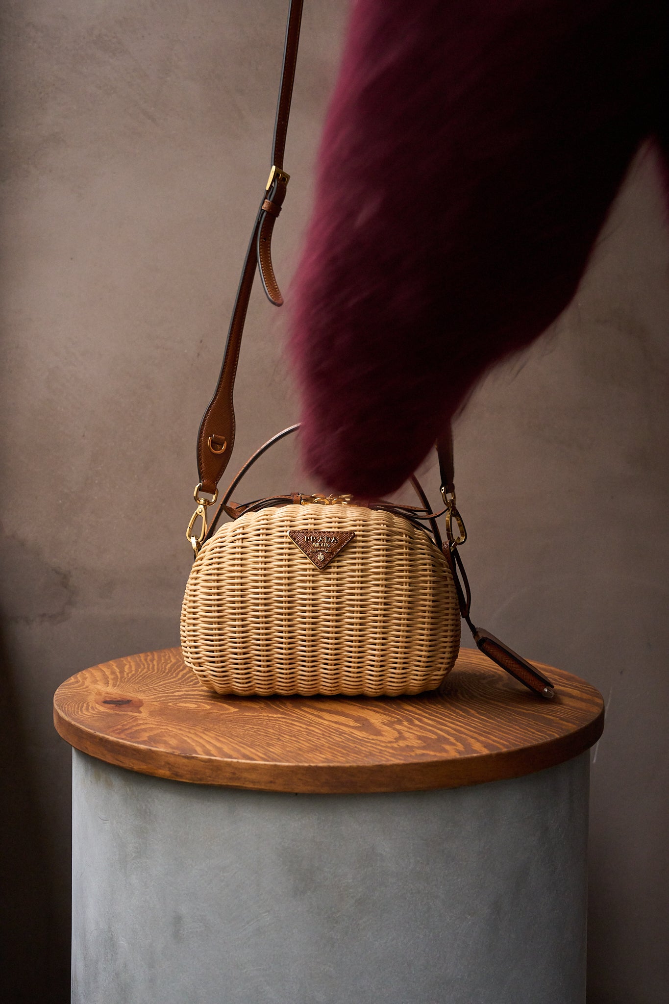 Prada Wicker And Saffiano Leather Crossover Bag