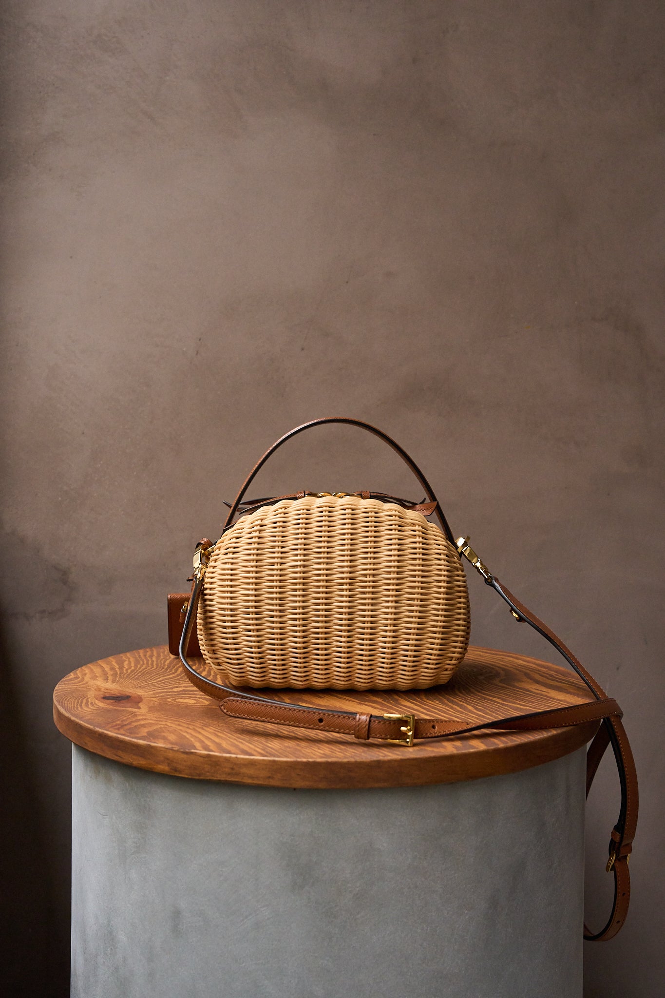 Prada Wicker And Saffiano Leather Crossover Bag