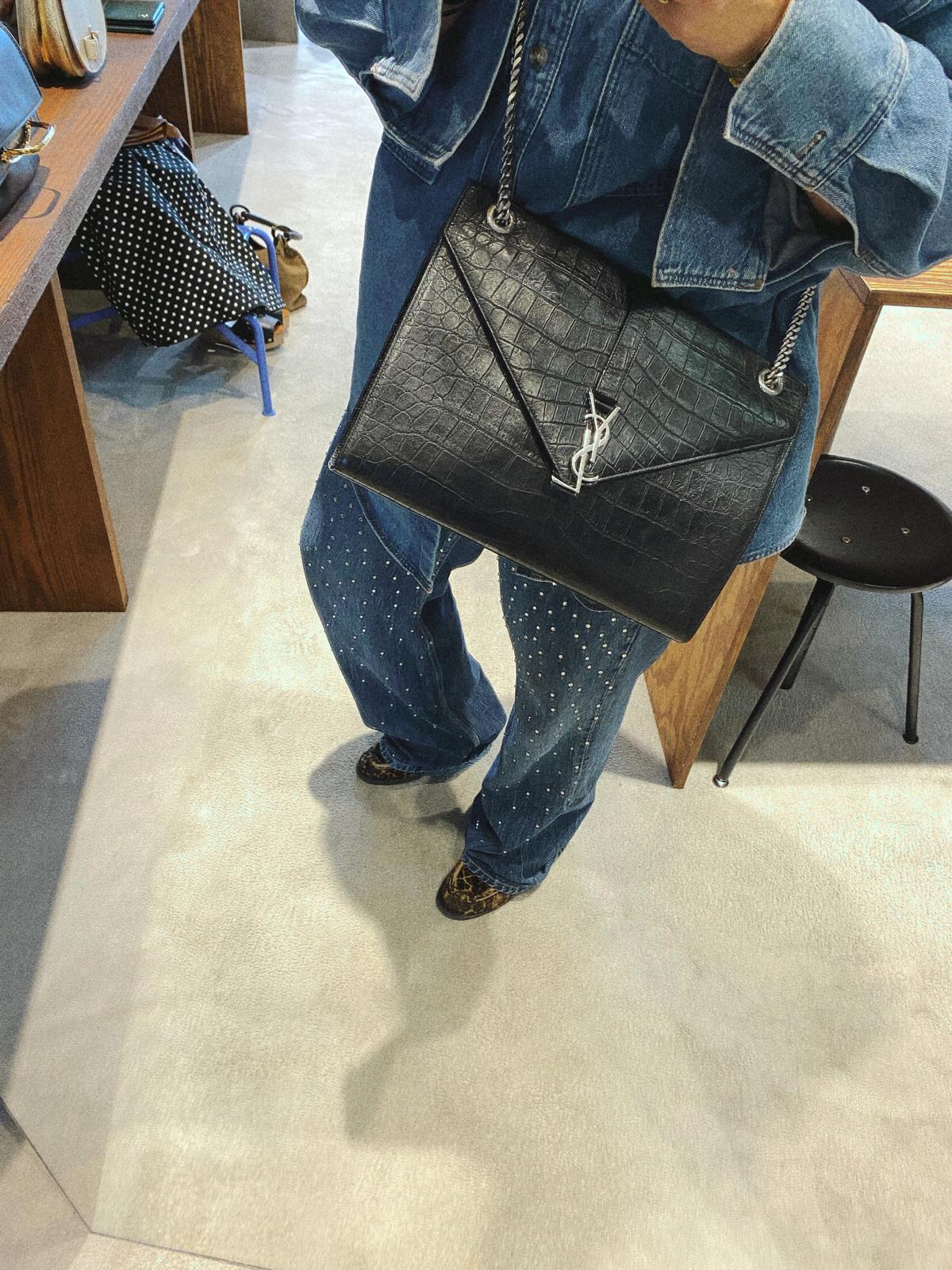 Saint Laurent Black Crocodile Embossed Large Envelope Bag