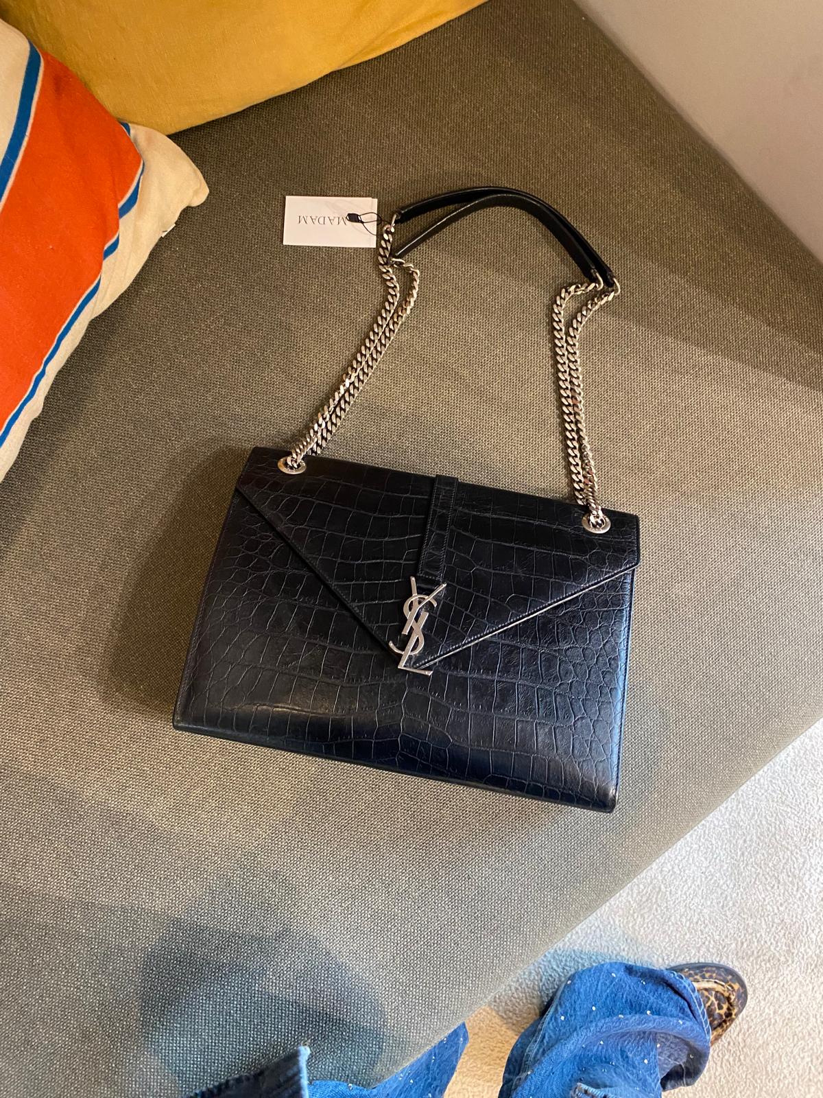 Saint Laurent Black Crocodile Embossed Large Envelope Bag