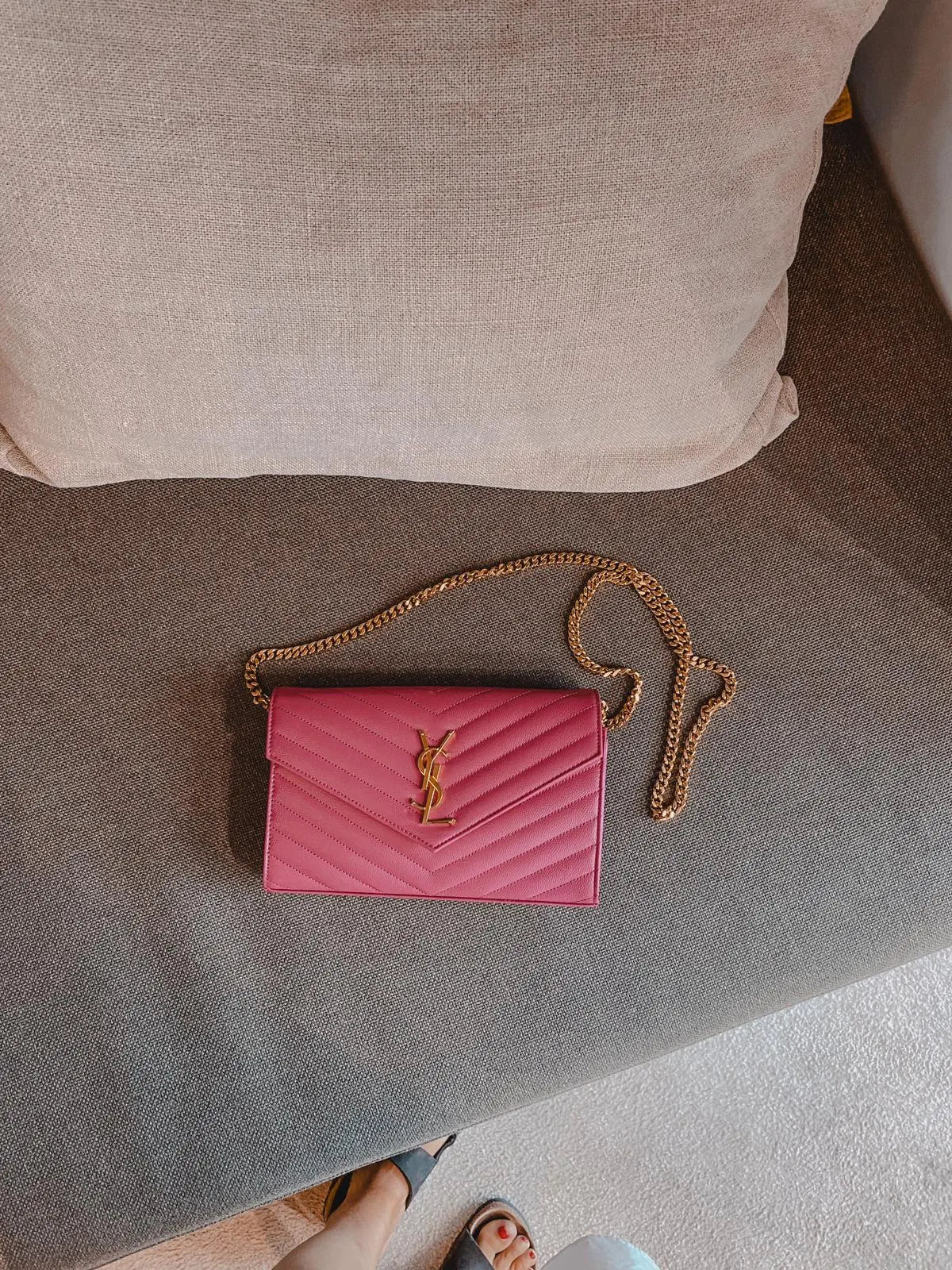 Saint Laurent Envelope Chain Wallet in Fuchsia Pink